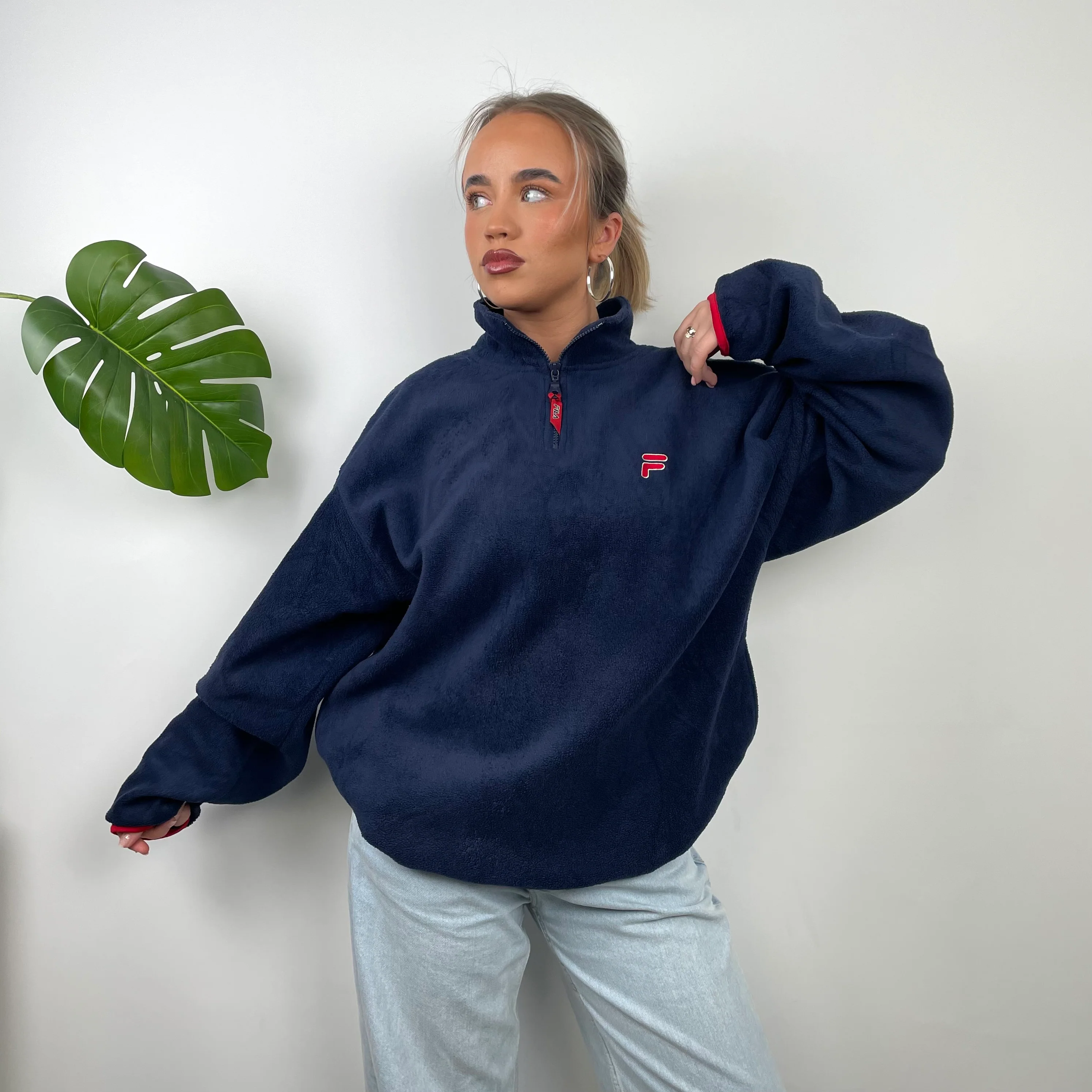 FILA Navy Embroidered Logo Teddy Bear Fleece Quarter Zip Sweatshirt (M) - Image 3