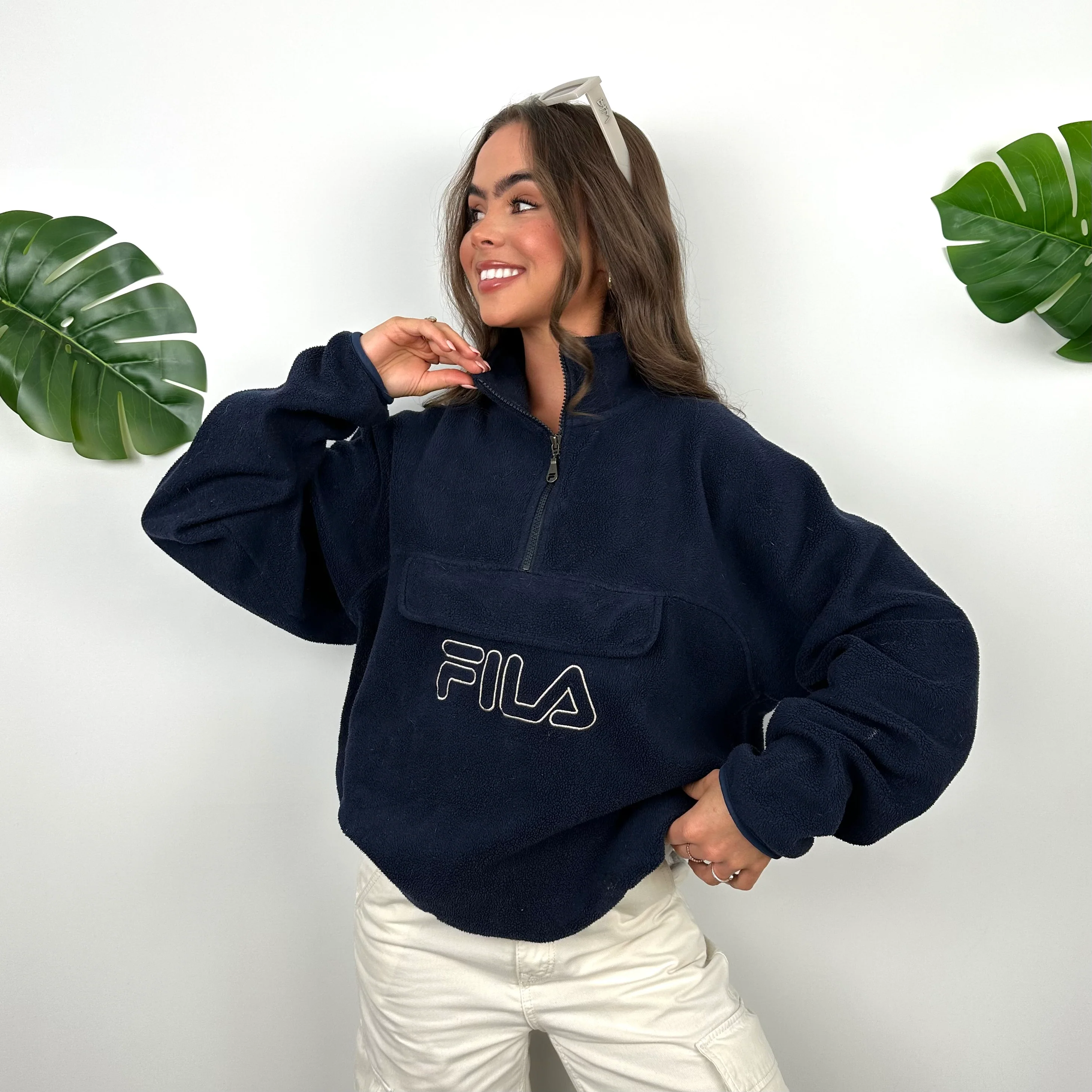 FILA Navy Embroidered Spell Out Teddy Bear Fleece Quarter Zip Sweatshirt (S) - Image 2