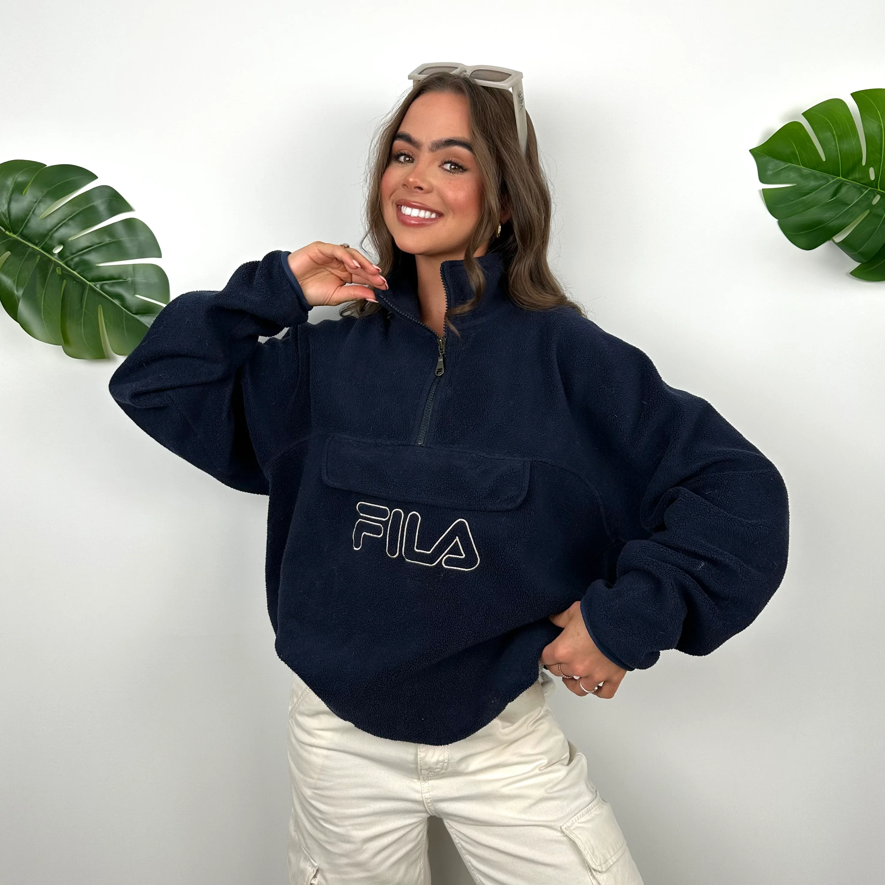FILA Navy Embroidered Spell Out Teddy Bear Fleece Quarter Zip Sweatshirt (S) - Image 3