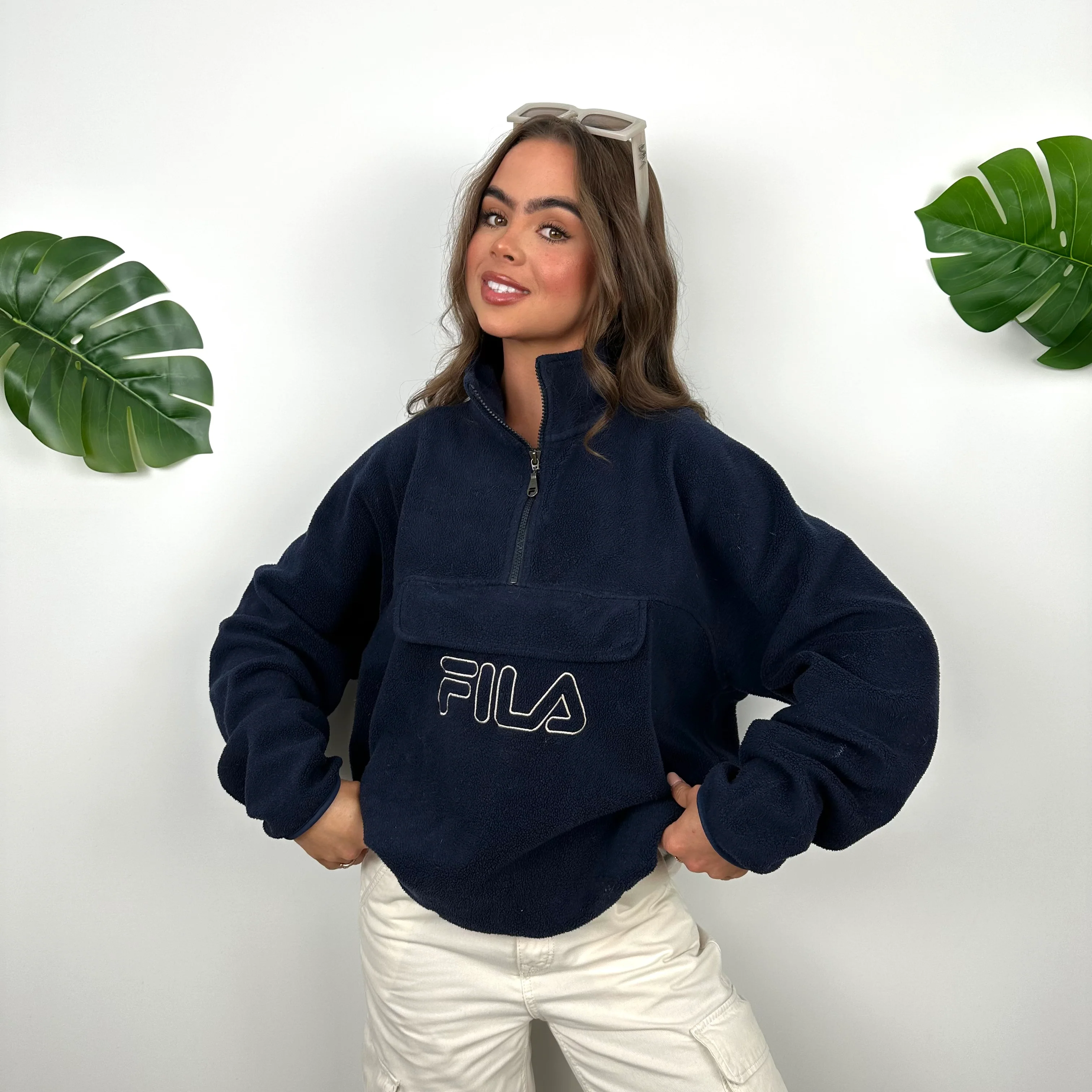 FILA Navy Embroidered Spell Out Teddy Bear Fleece Quarter Zip Sweatshirt (S) - Image 4
