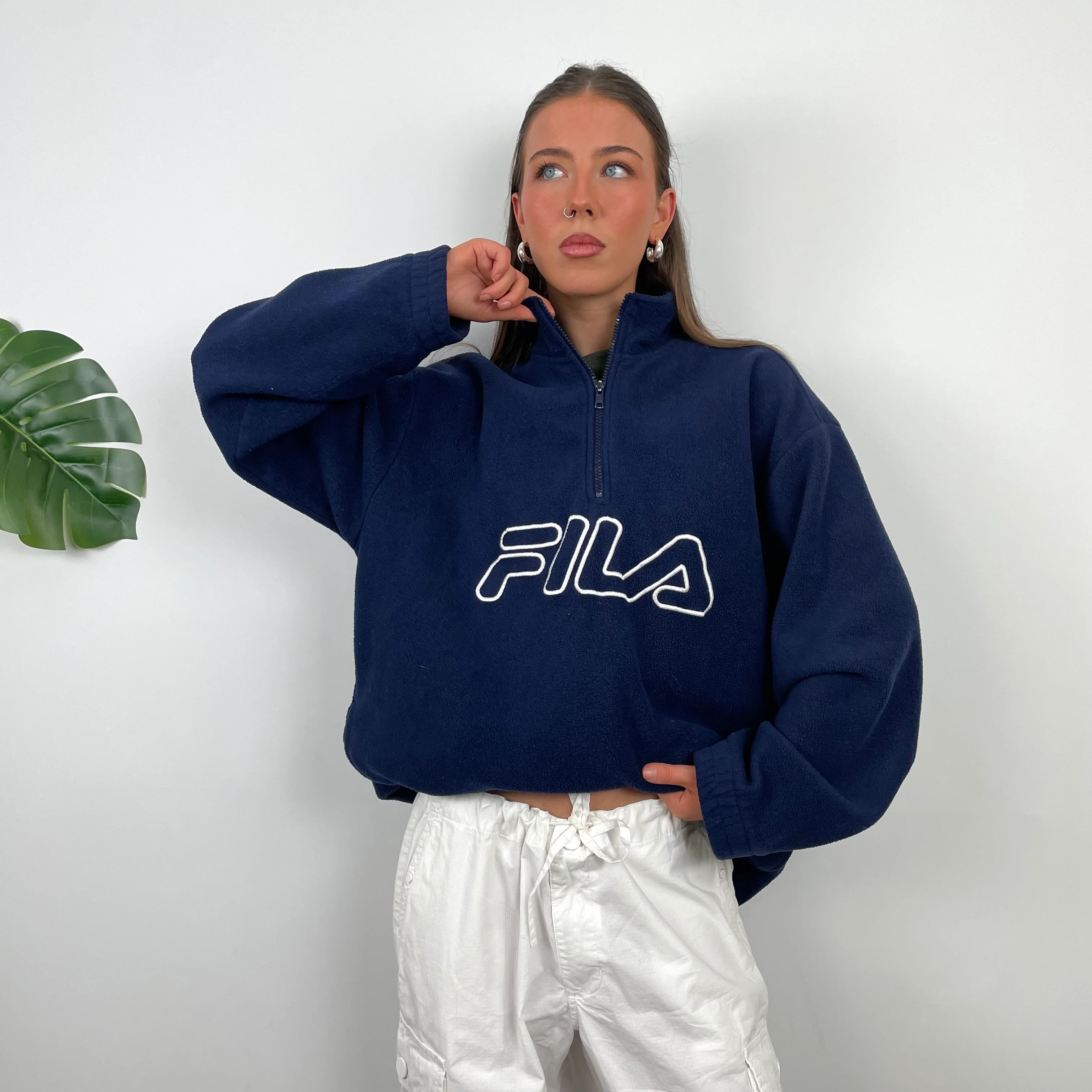 FILA Navy Embroidered Spell Out Teddy Bear Fleece Quarter Zip Sweatshirt (M) - Image 2