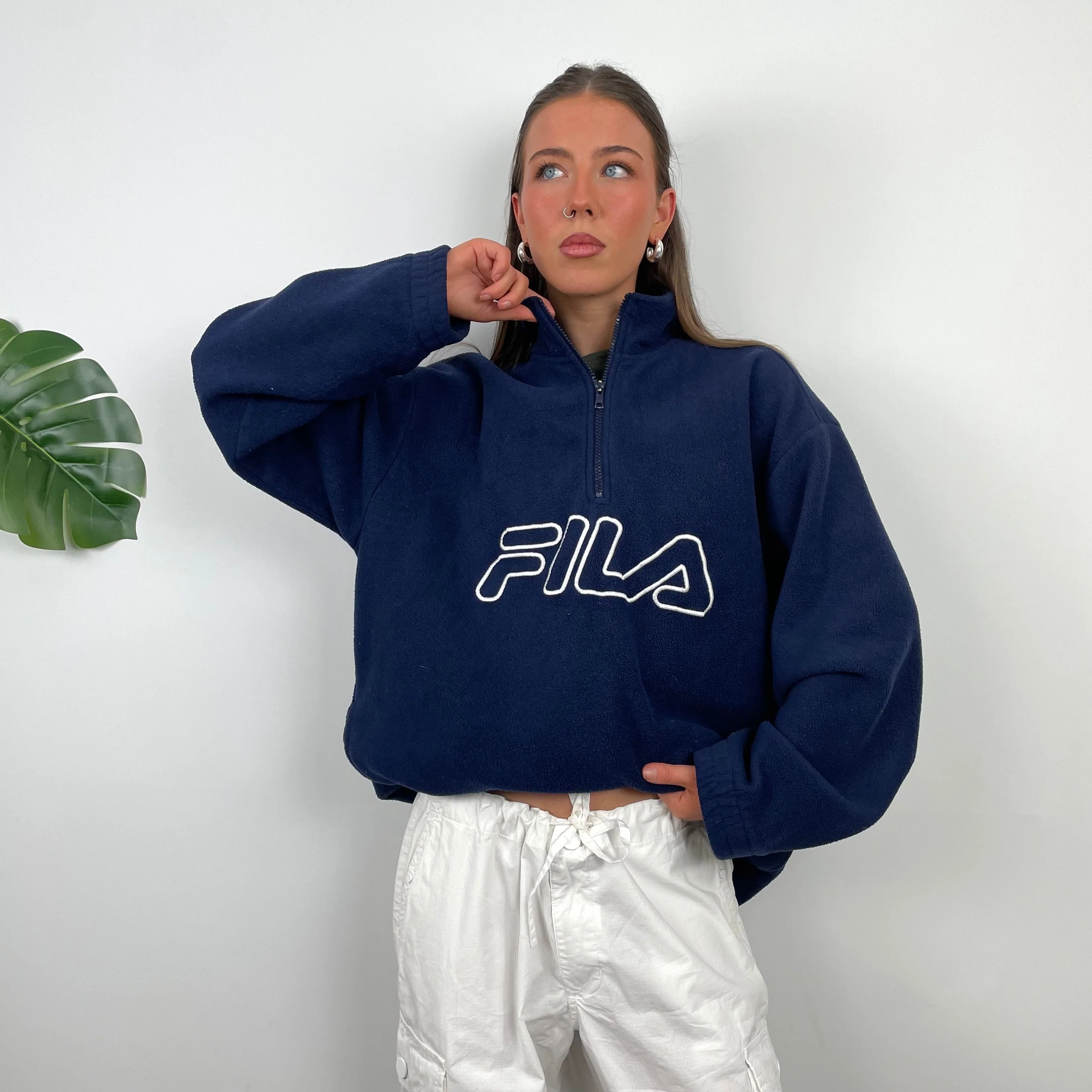 FILA Navy Embroidered Spell Out Teddy Bear Fleece Quarter Zip Sweatshirt (L) - Image 2