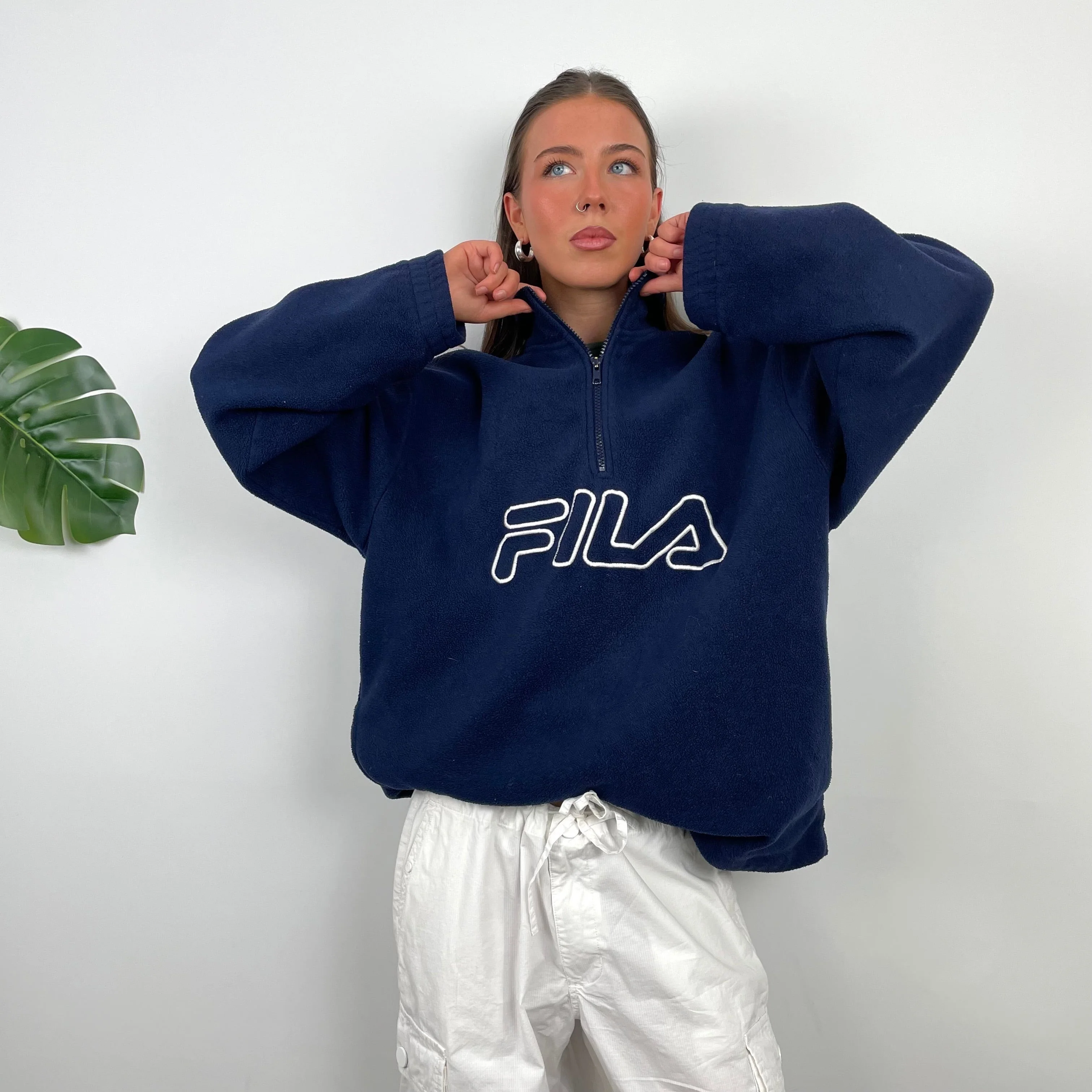 FILA Navy Embroidered Spell Out Teddy Bear Fleece Quarter Zip Sweatshirt (L) - Image 3