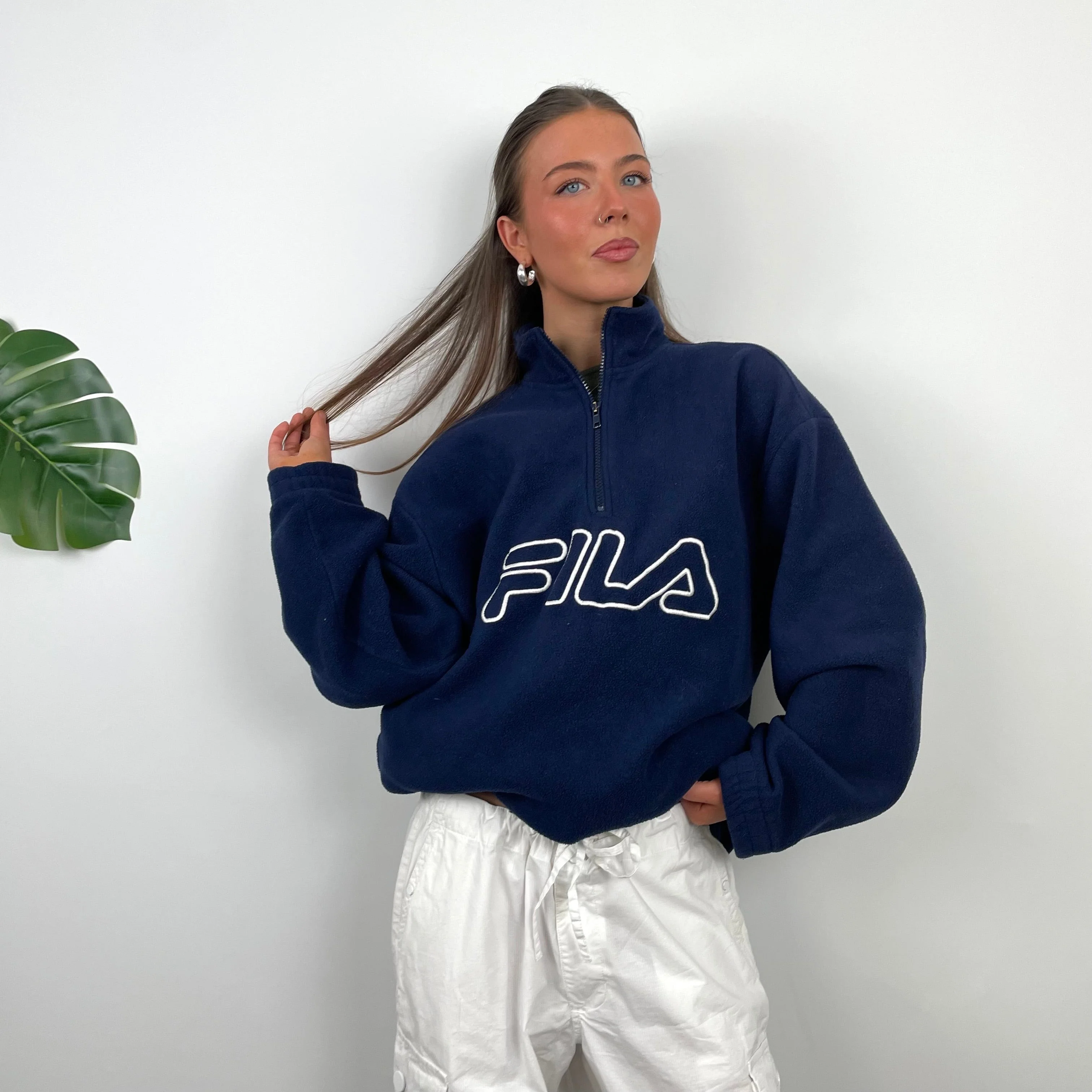 FILA Navy Embroidered Spell Out Teddy Bear Fleece Quarter Zip Sweatshirt (L) - Image 4