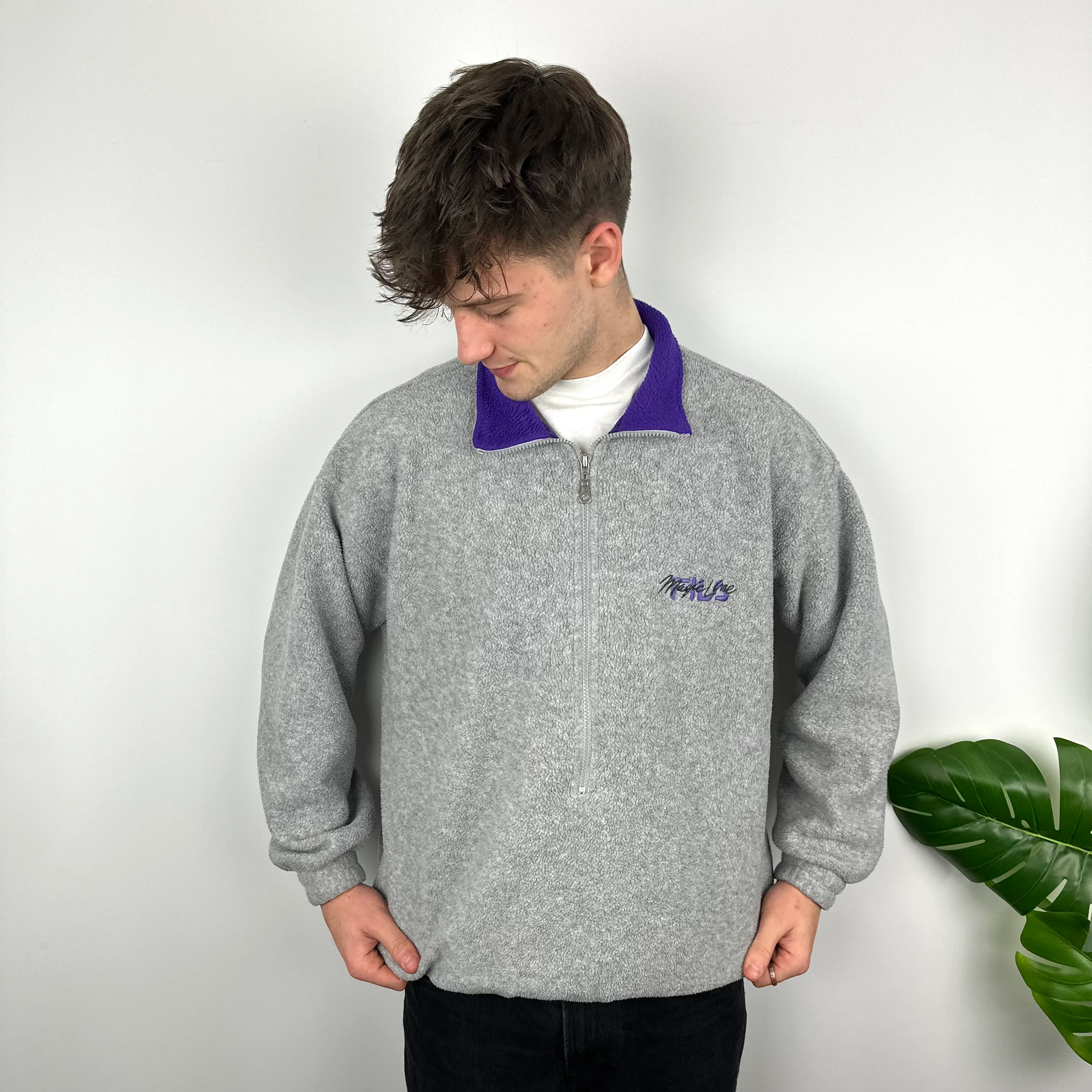 FILA RARE Grey Embroidered Spell Out Teddy Bear Fleece Quarter Zip Sweatshirt (L) - Image 6