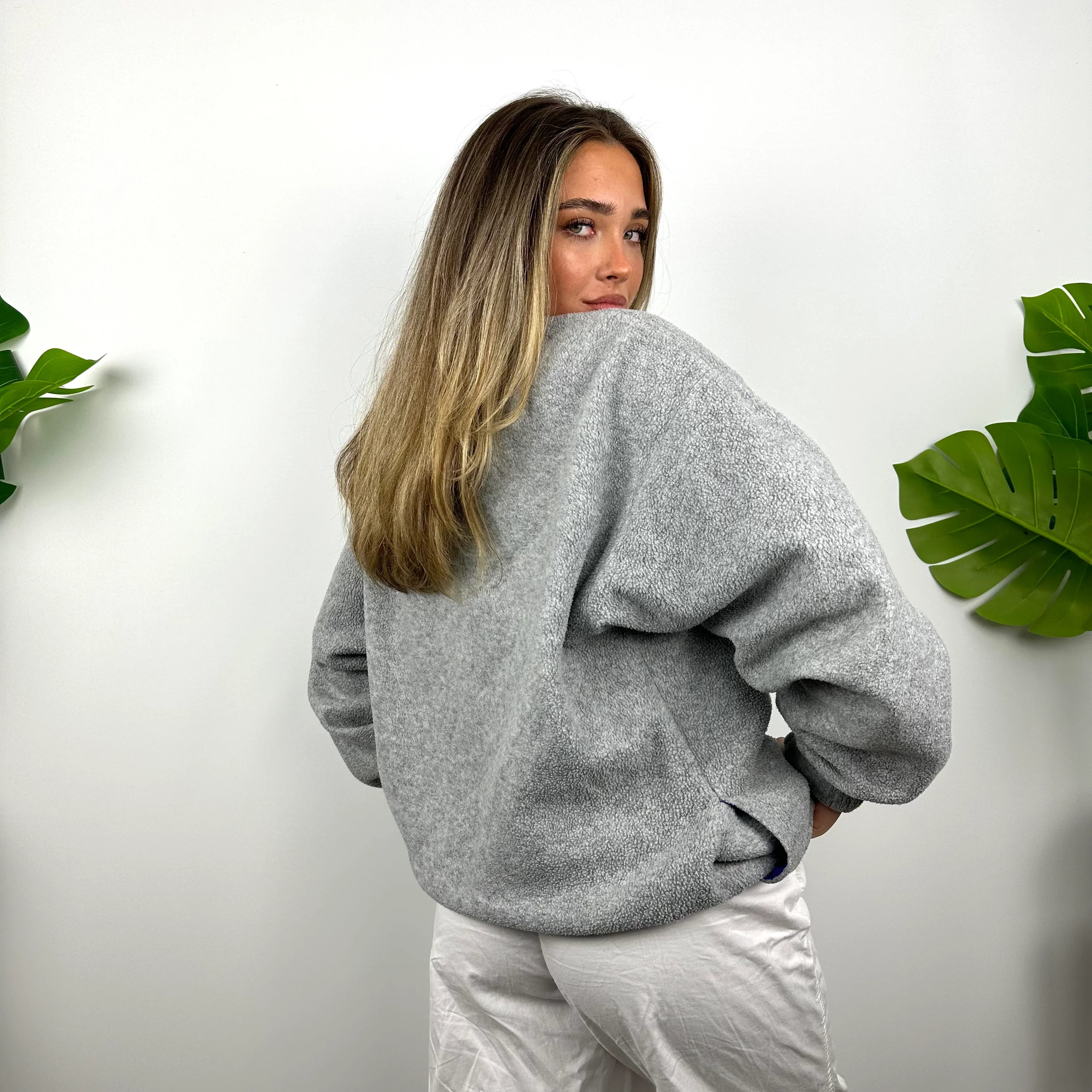 FILA Grey Embroidered Spell Out Teddy Bear Fleece Quarter Zip Sweatshirt (L) - Image 3