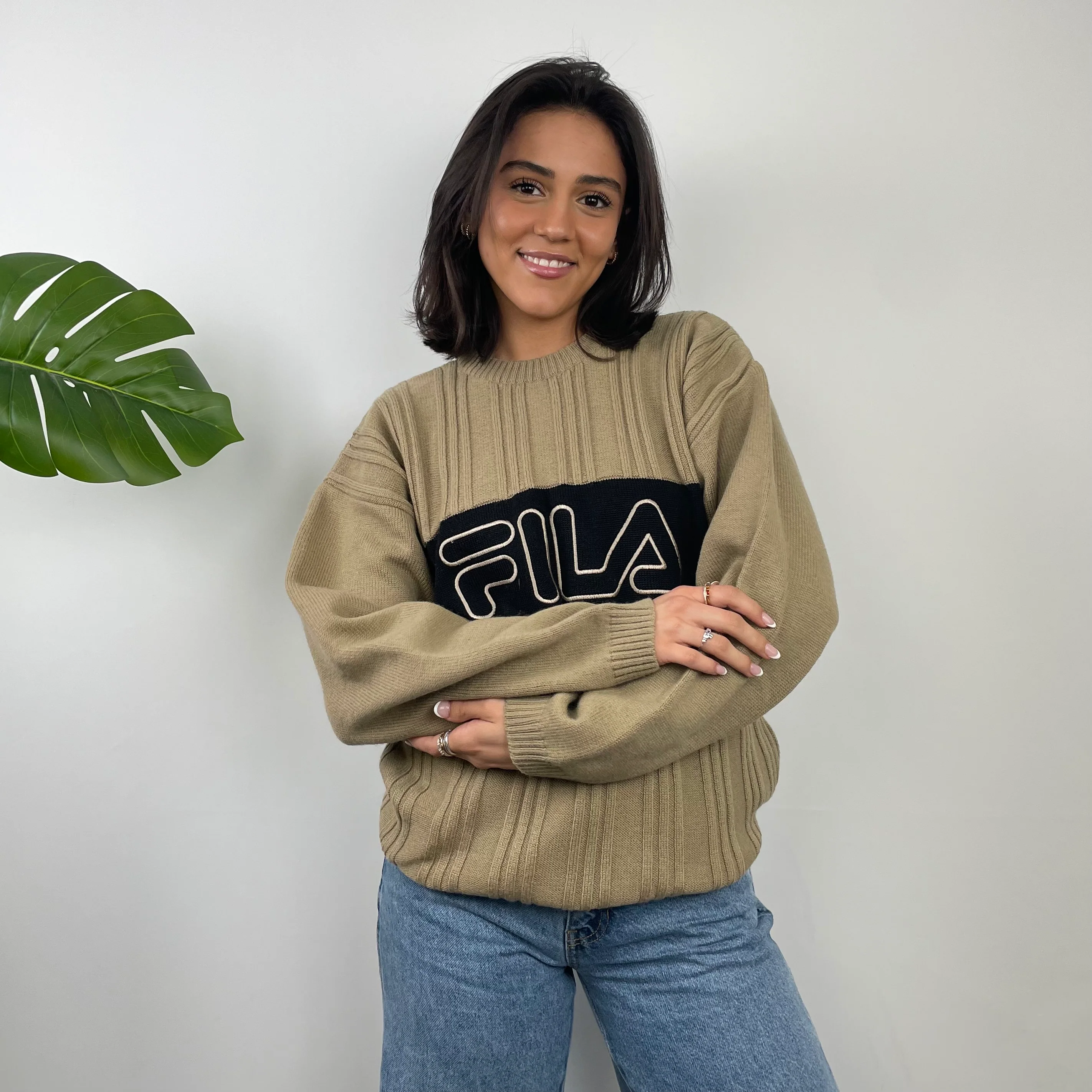 FILA RARE Tan Brown Embroidered Logo Chunky Knit Jumper (M) - Image 2