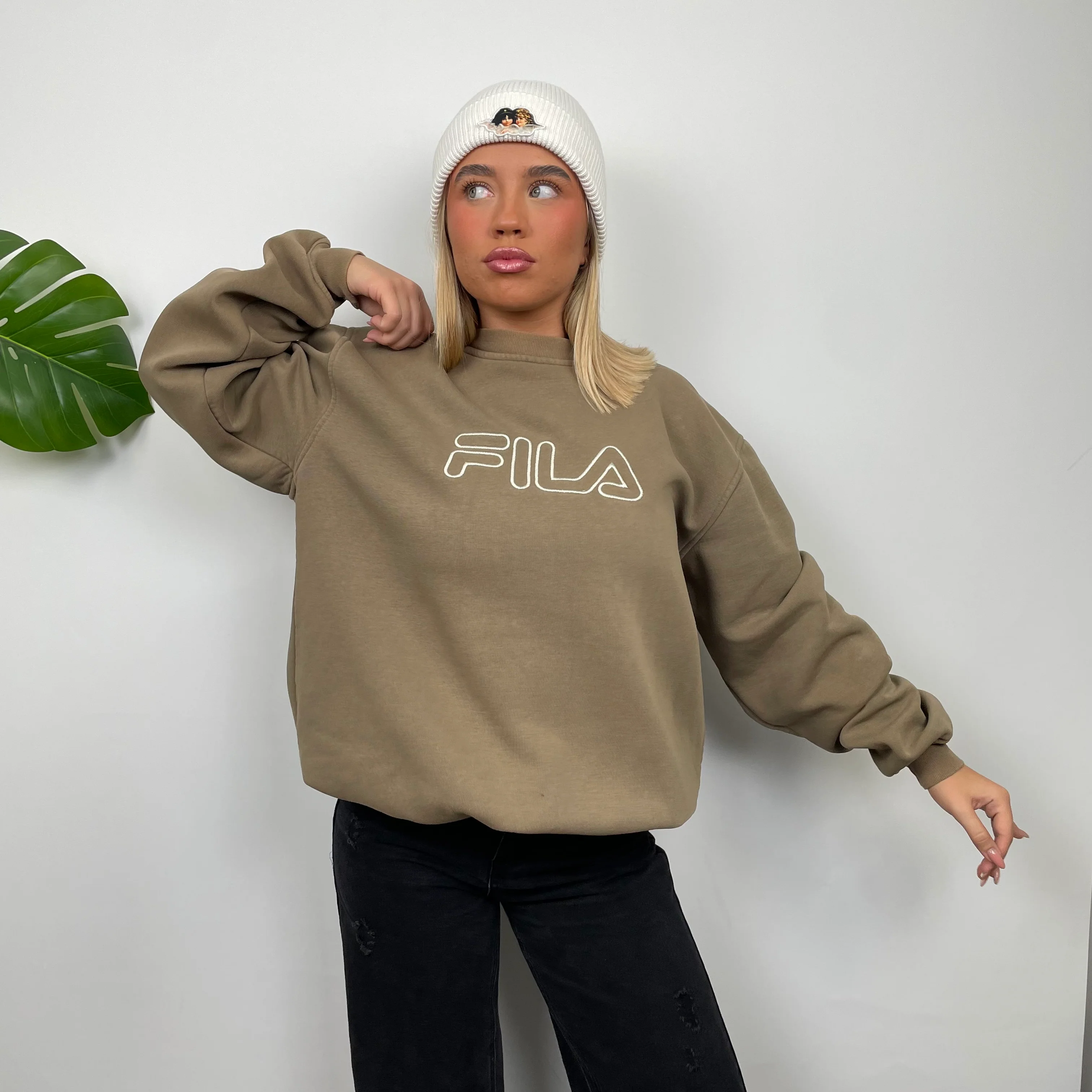FILA Tan Brown Embroidered Spell Out Sweatshirt (L) - Image 7