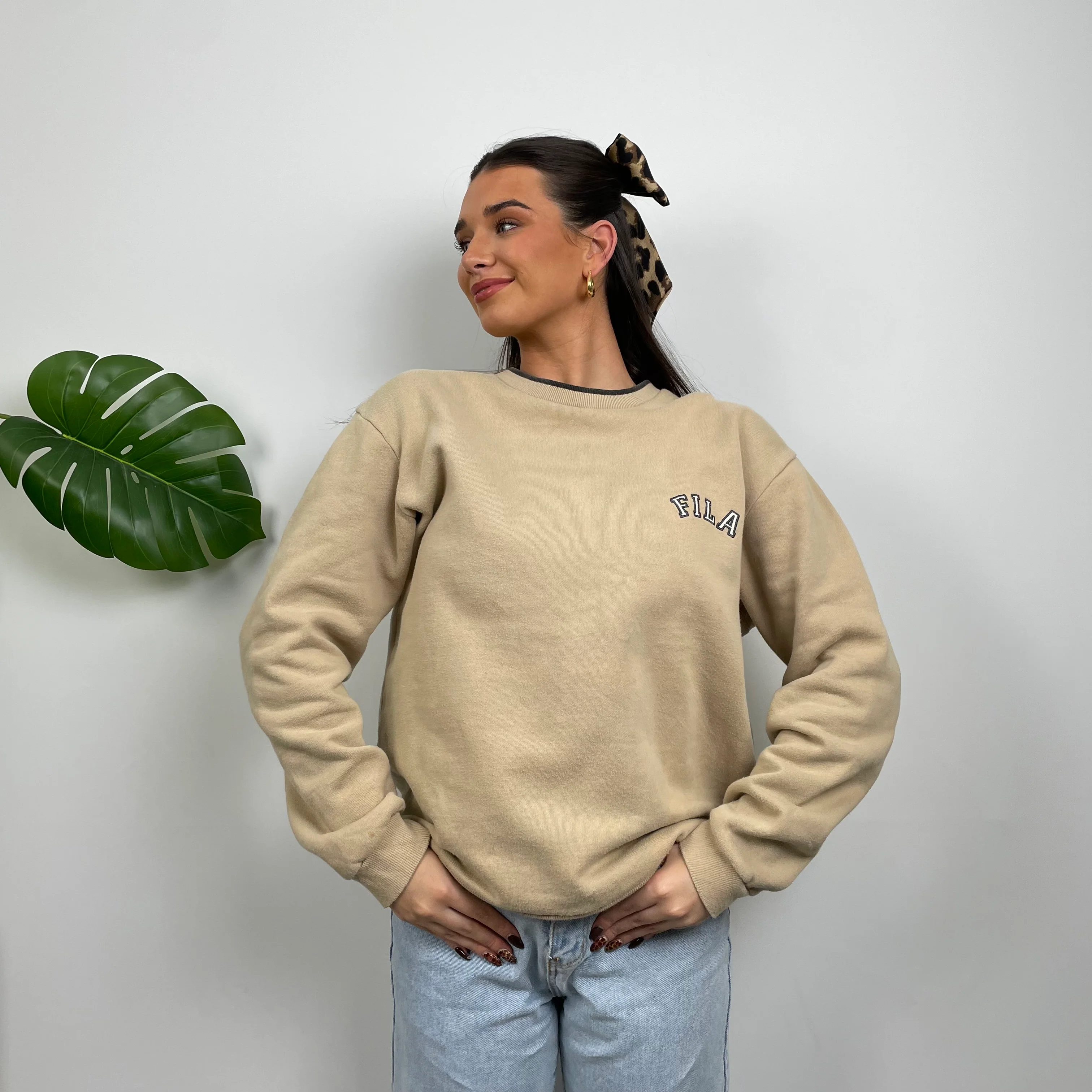 FILA Tan Brown Embroidered Spell Out Sweatshirt (L) - Image 2
