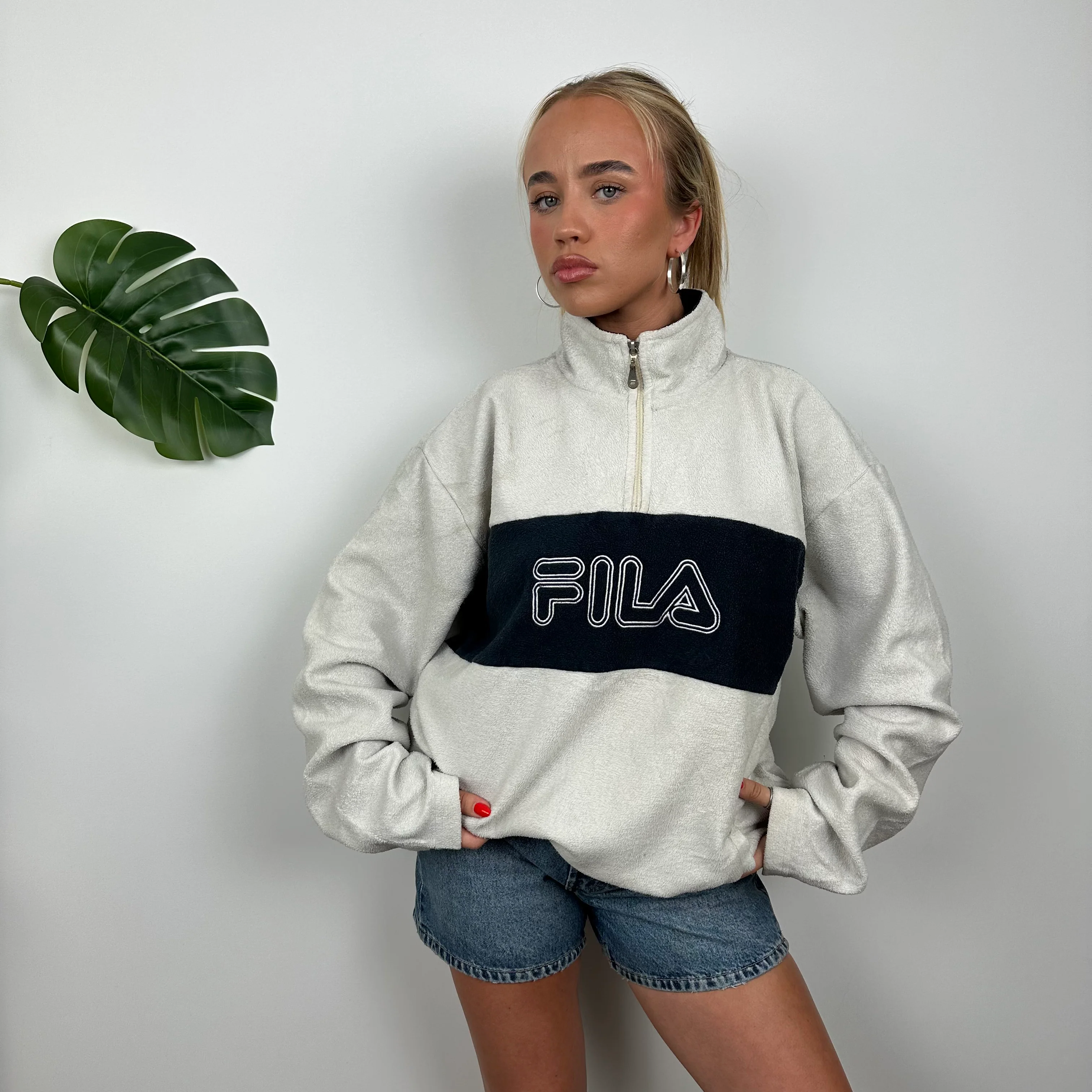 FILA White Embroidered Spell Out Teddy Bear Fleece Quarter Zip Sweatshirt (L) - Image 4