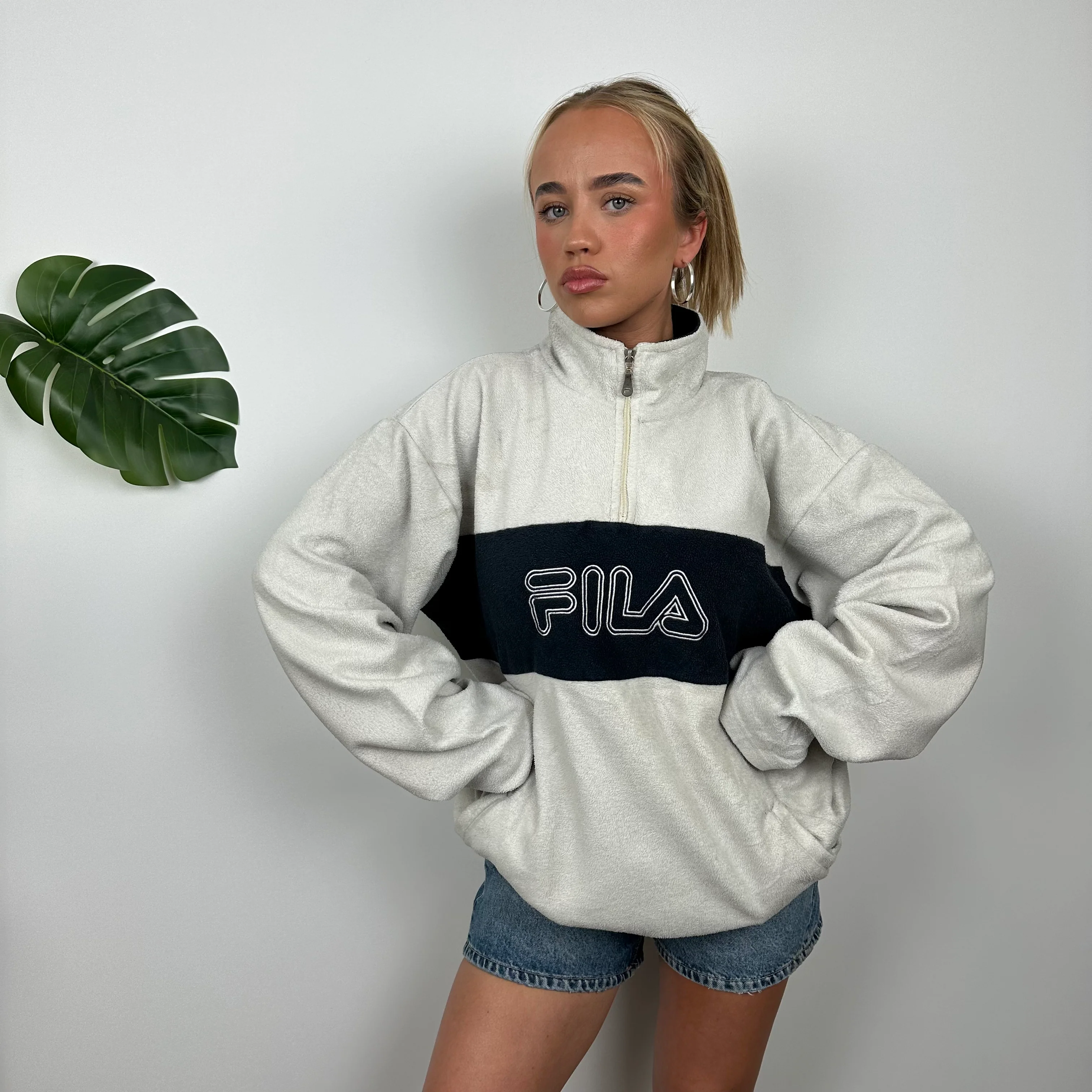 FILA White Embroidered Spell Out Teddy Bear Fleece Quarter Zip Sweatshirt (L) - Image 5