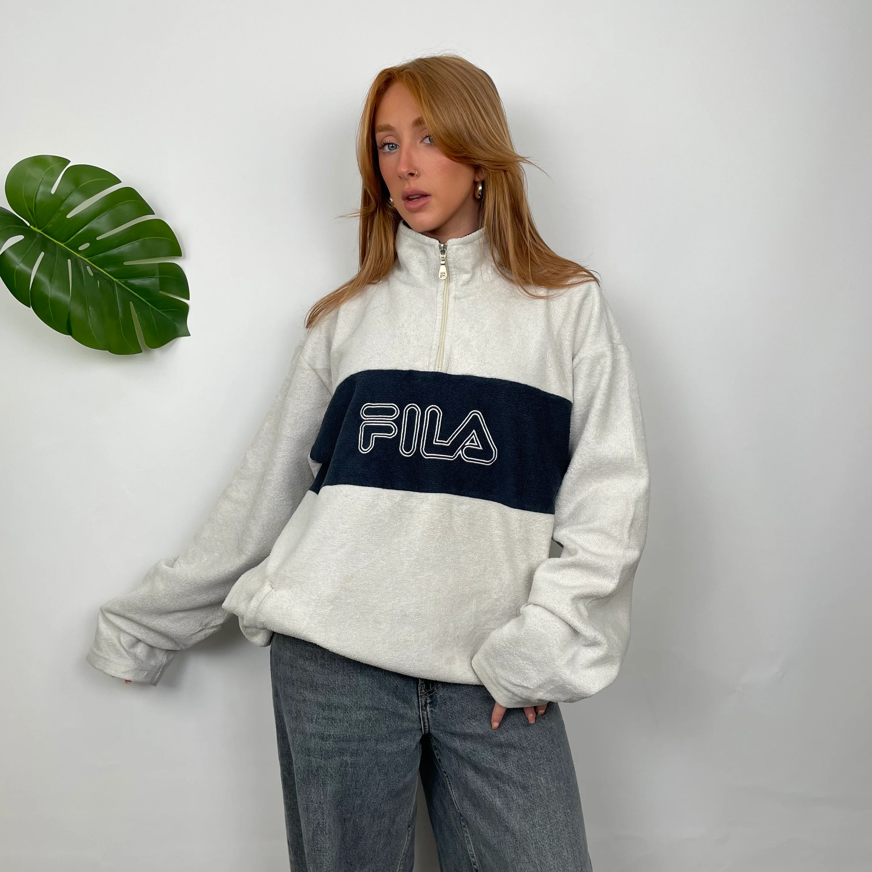 FILA White Embroidered Spell Out Teddy Bear Fleece Quarter Zip Sweatshirt (L) - Image 5