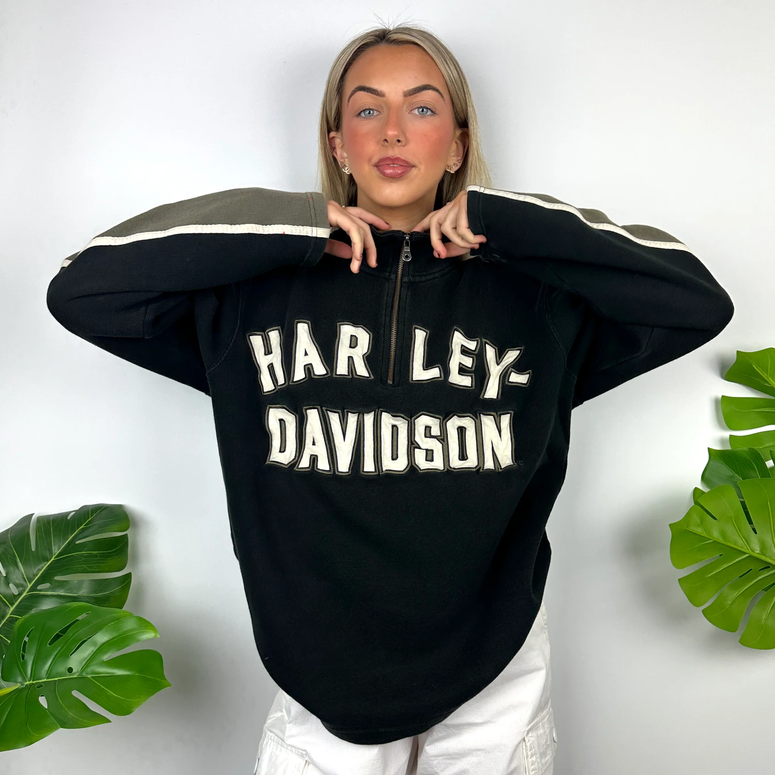 Harley Davidson Black Embroidered Spell Out Quarter Zip Sweatshirt (L) - Image 2
