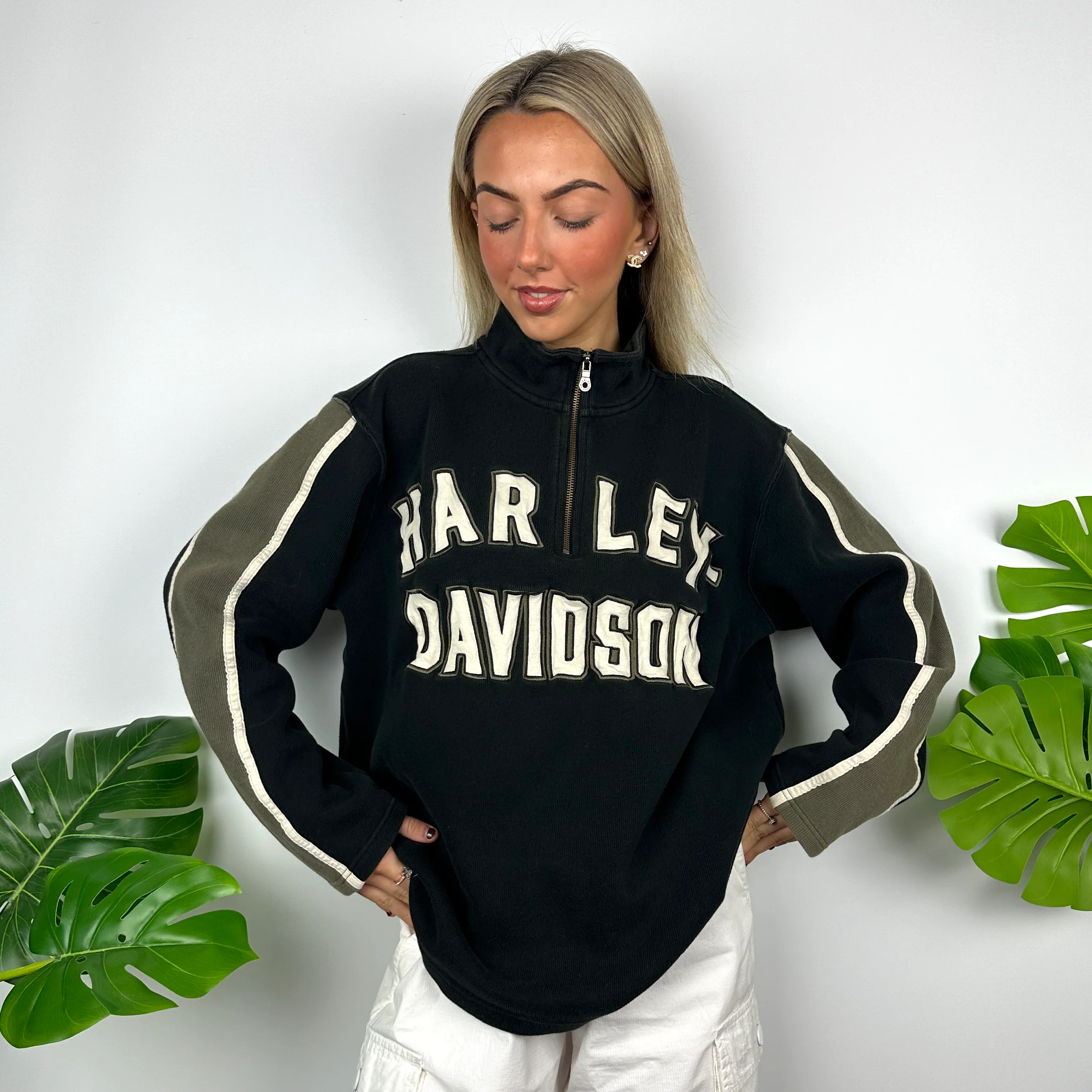 Harley Davidson Black Embroidered Spell Out Quarter Zip Sweatshirt (L) - Image 3