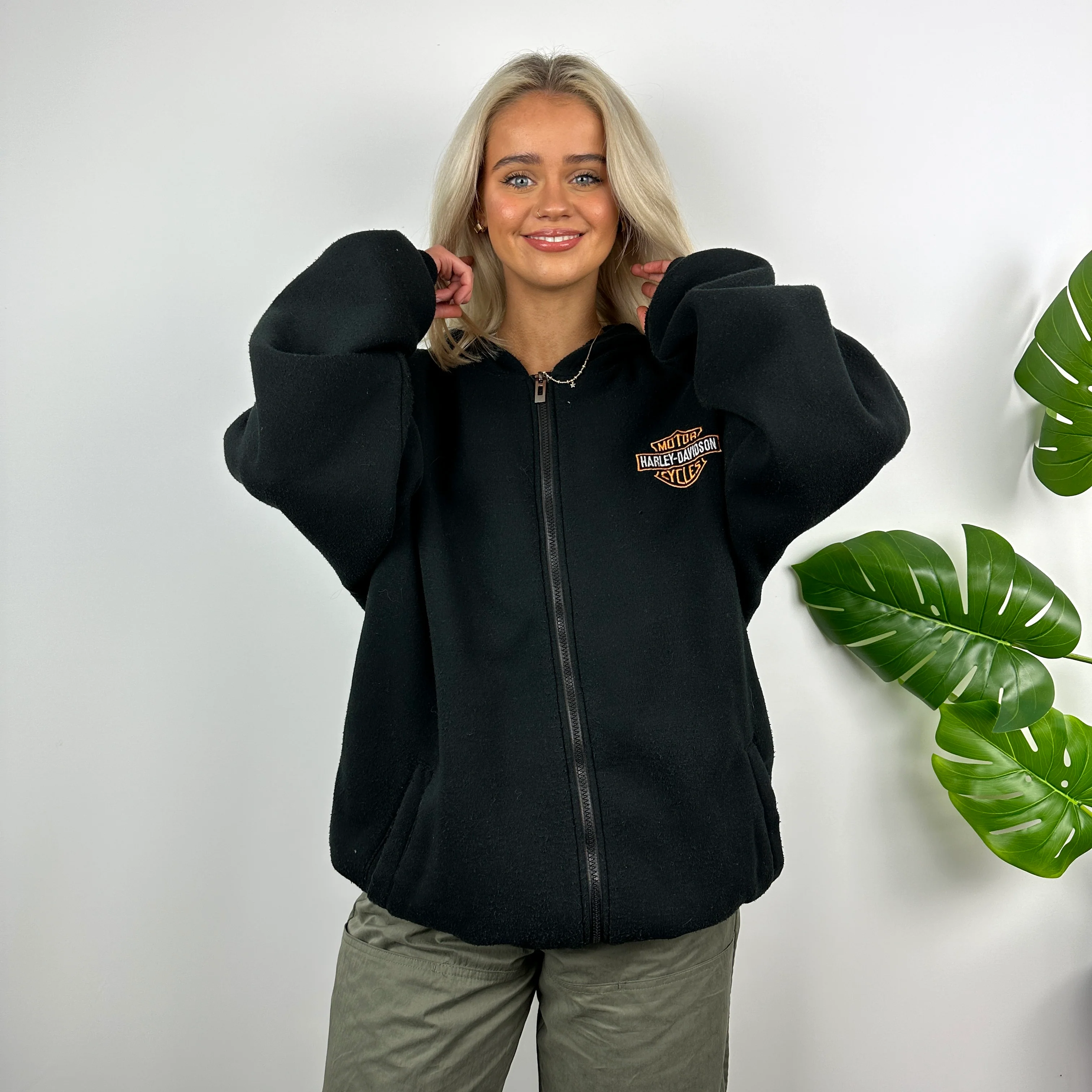 Harley Davidson Black Embroidered Spell Out Zip Up Hoodie Jacket (XL) - Image 6