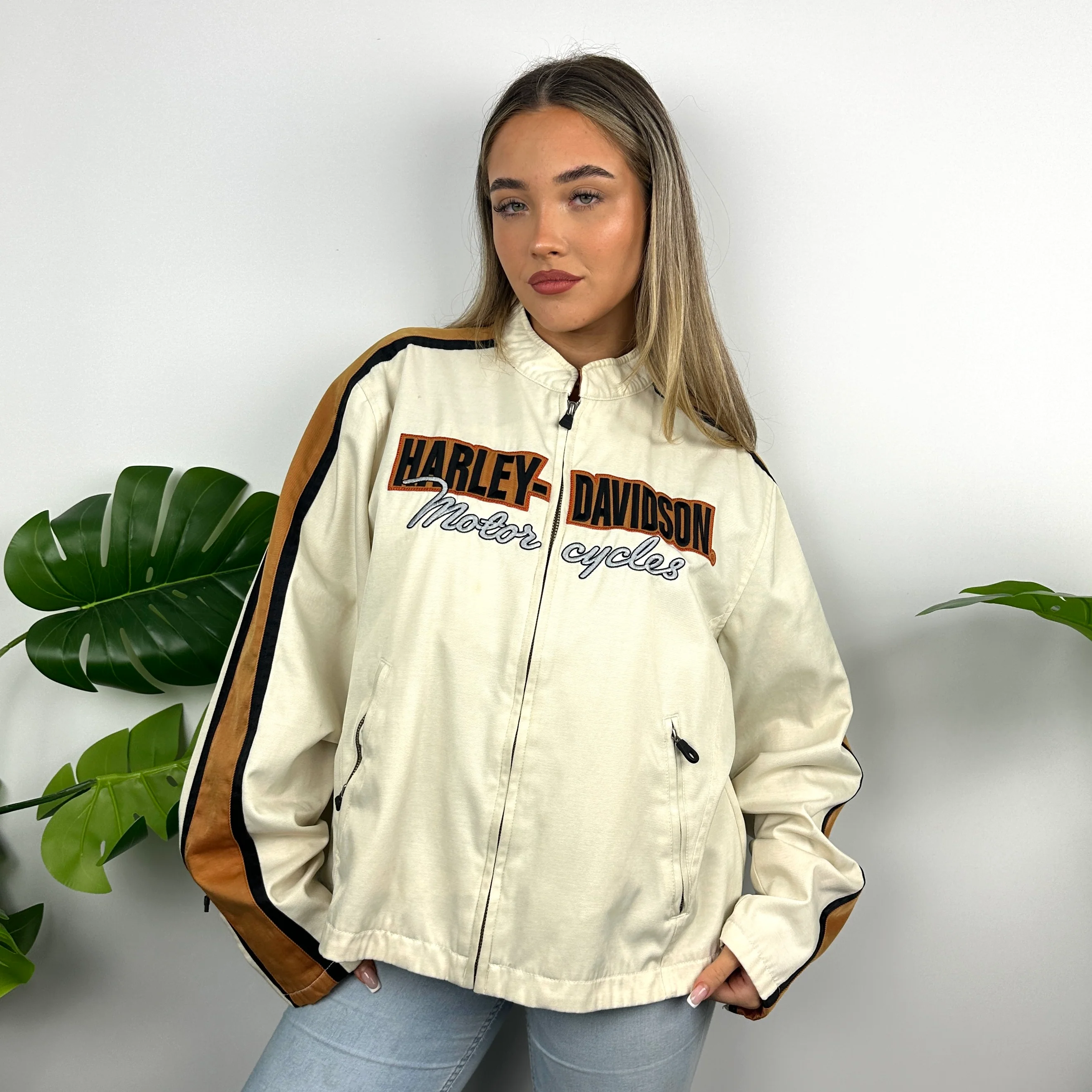 Harley Davidson Cream Embroidered Spell Out Jacket (L) - Image 2