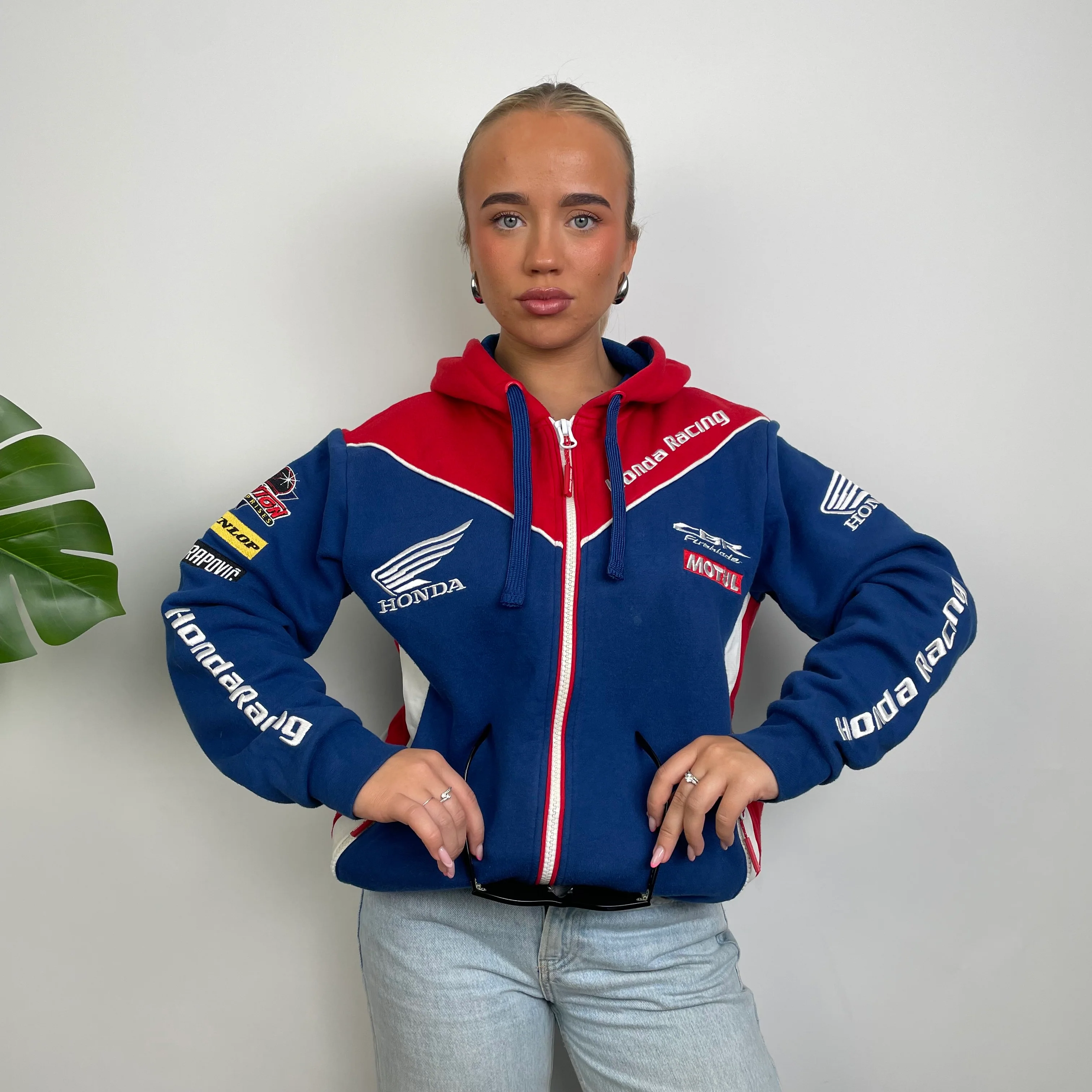 Honda Racing Blue Embroidered Spell Out Zip Up Hoodie Jacket (M) - Image 2