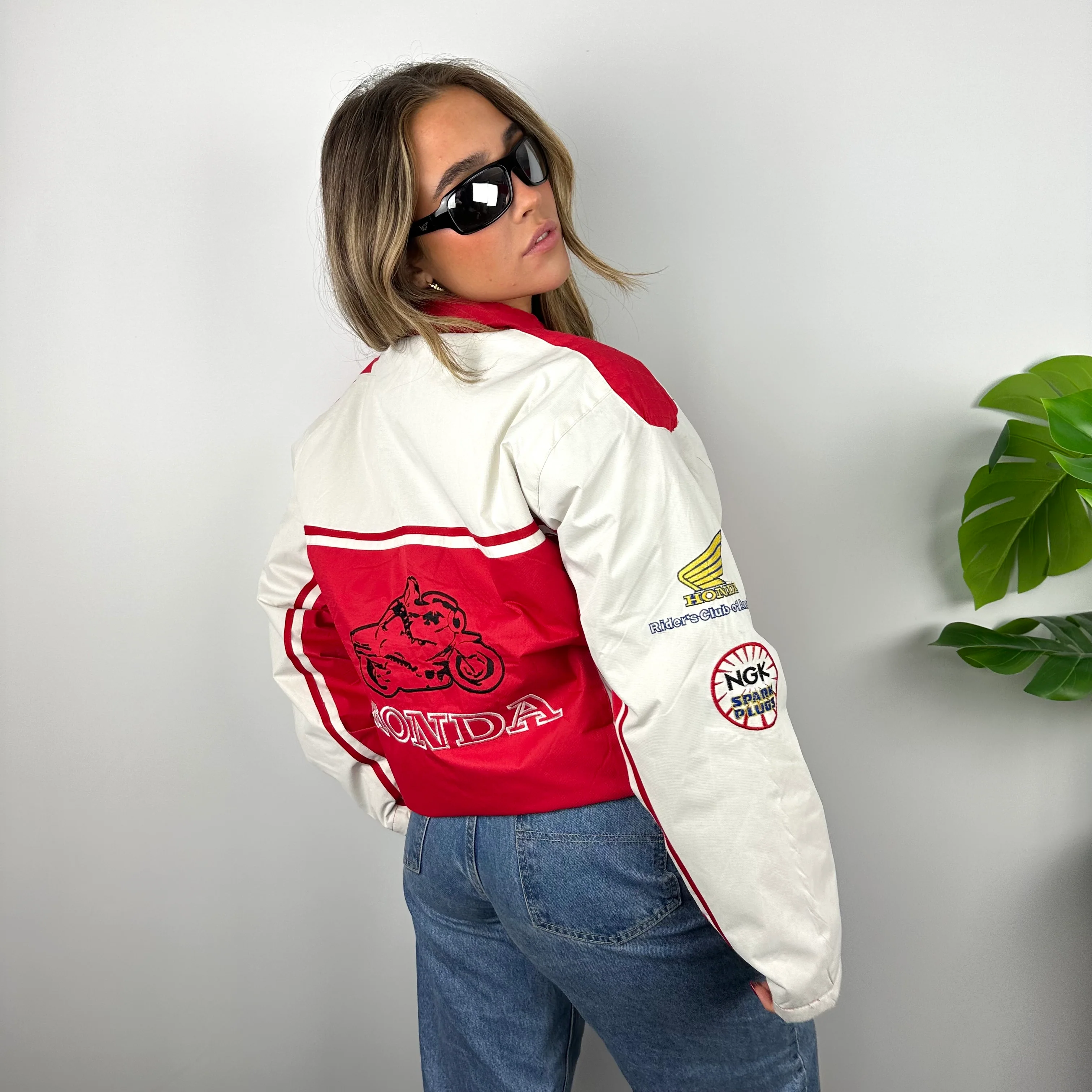 Honda Racing Red & White Embroidered Spell Out Zip Up Racing Jacket (L) - Image 5