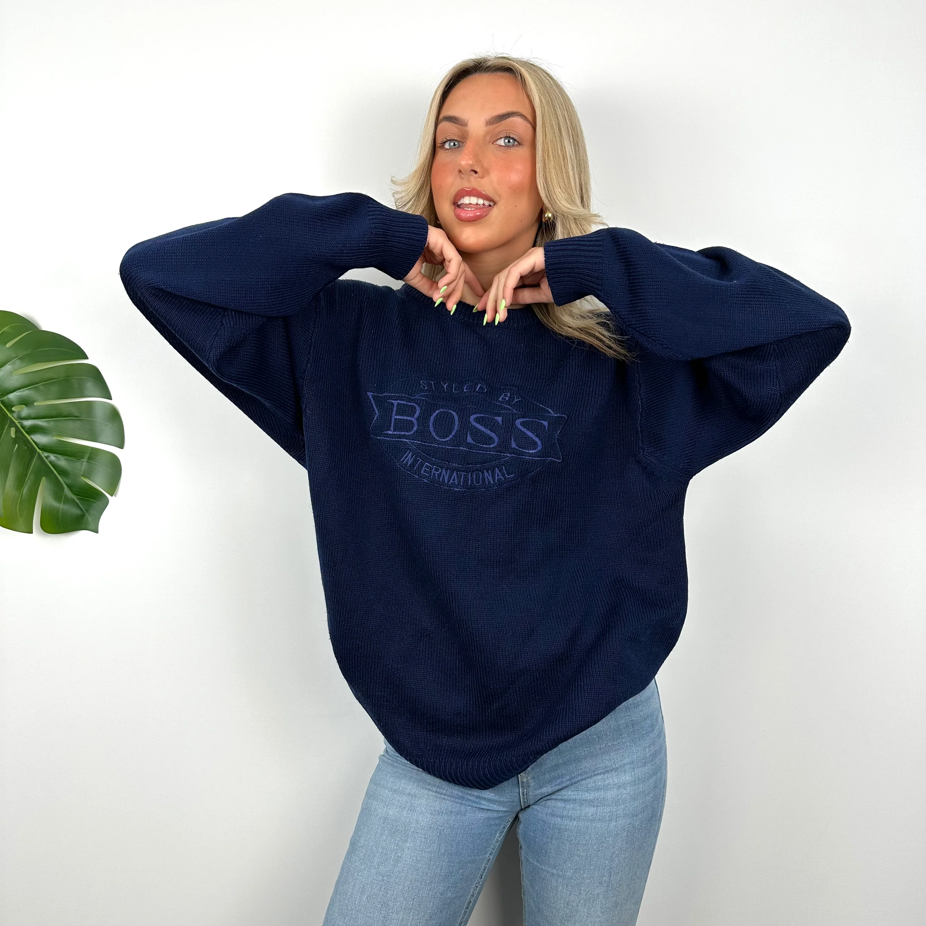 Hugo Boss Navy Embroidered Spell Out Knitted Sweater (M) - Image 5