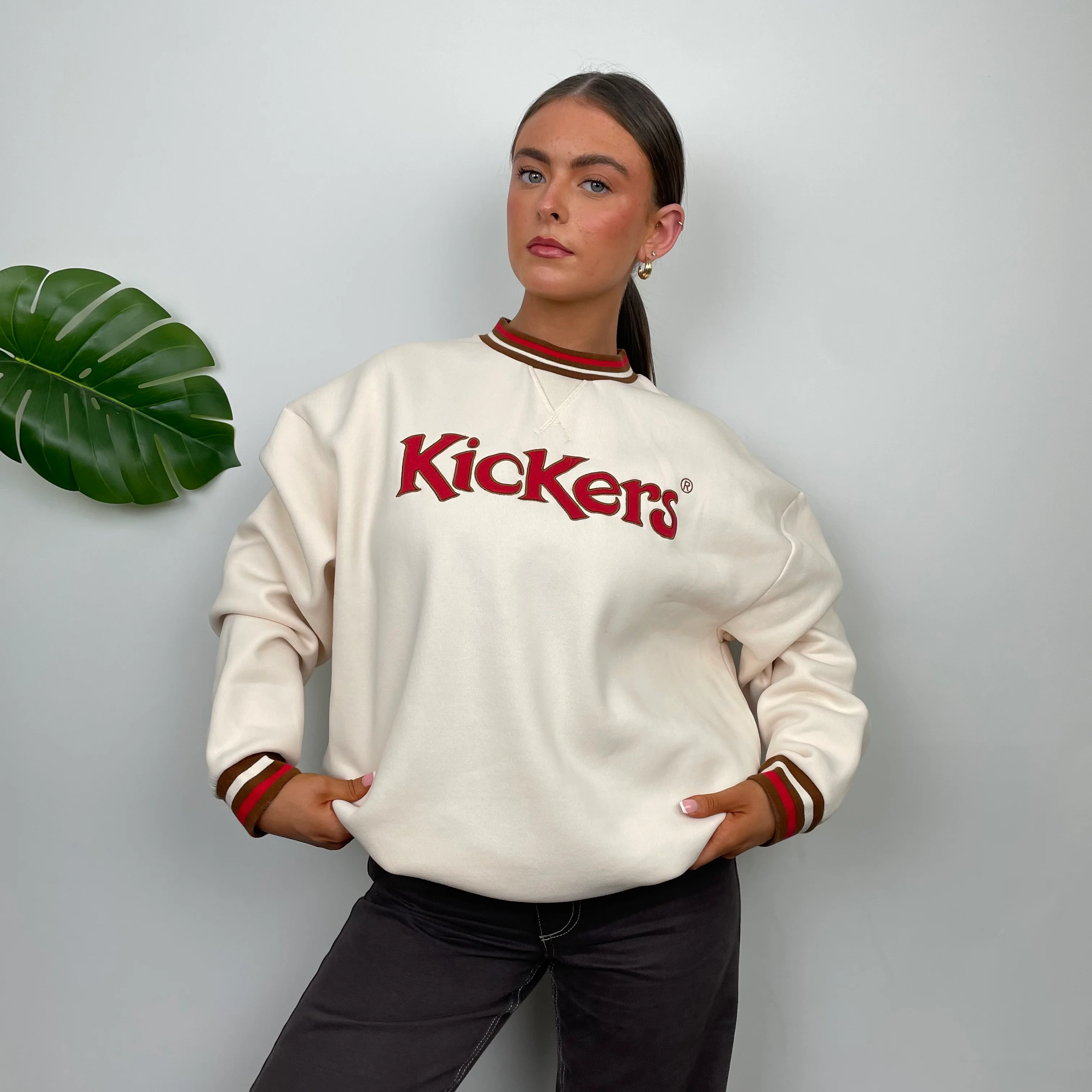 Kickers RARE Cream Embroidered Spell Out Sweatshirt (M) - Image 2
