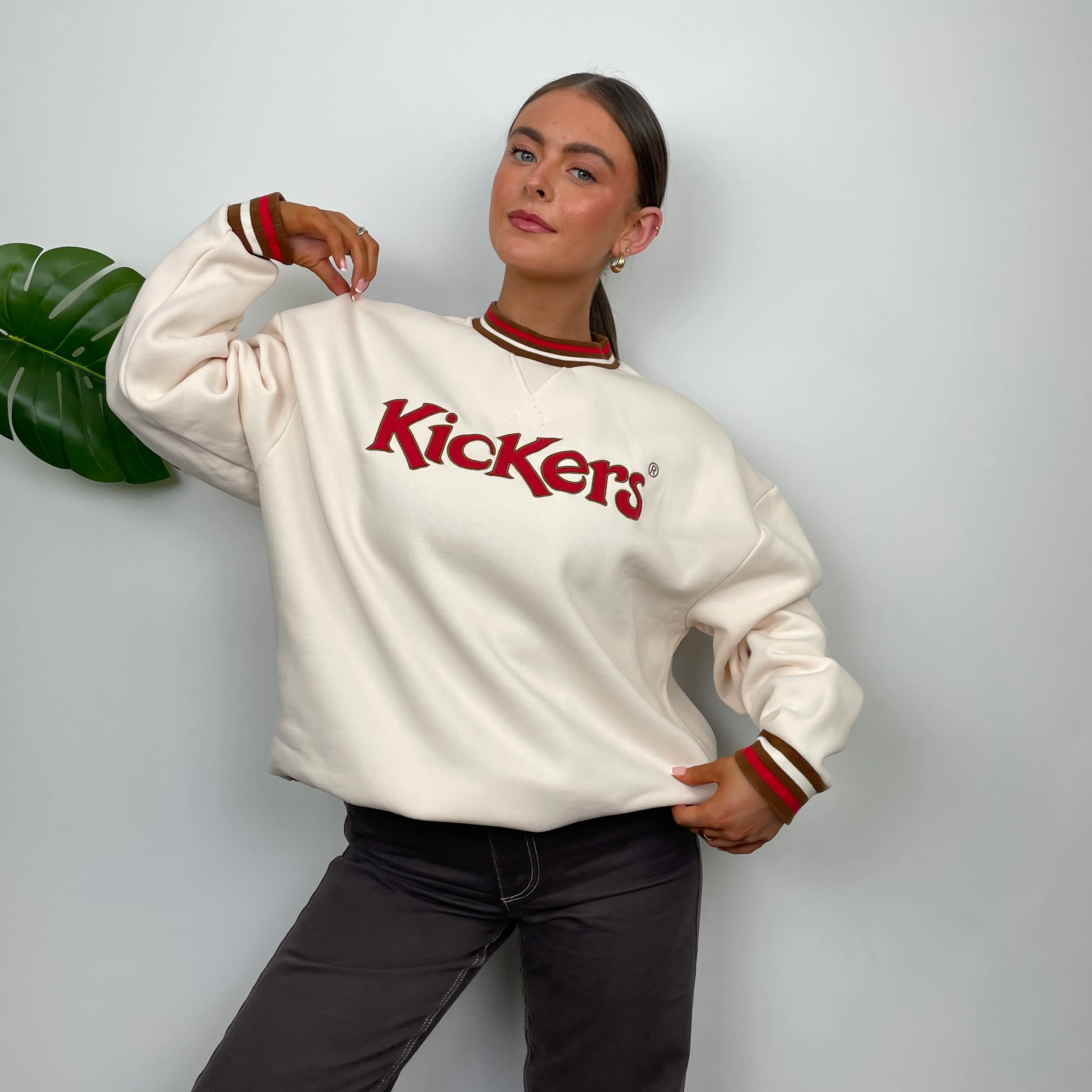 Kickers RARE Cream Embroidered Spell Out Sweatshirt (M) - Image 3