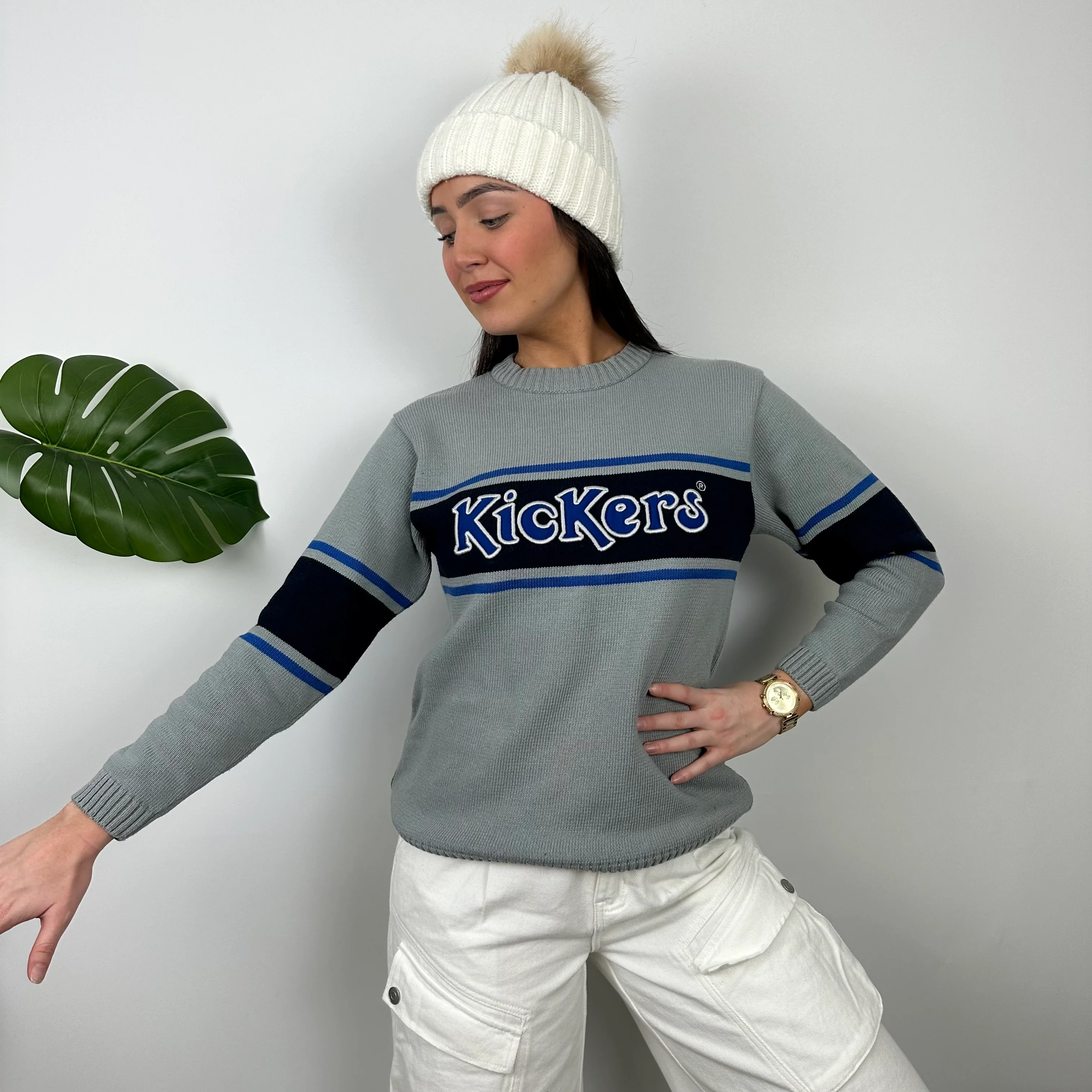 Kickers RARE Grey Embroidered Spell Out Knitted Sweater (S) - Image 3