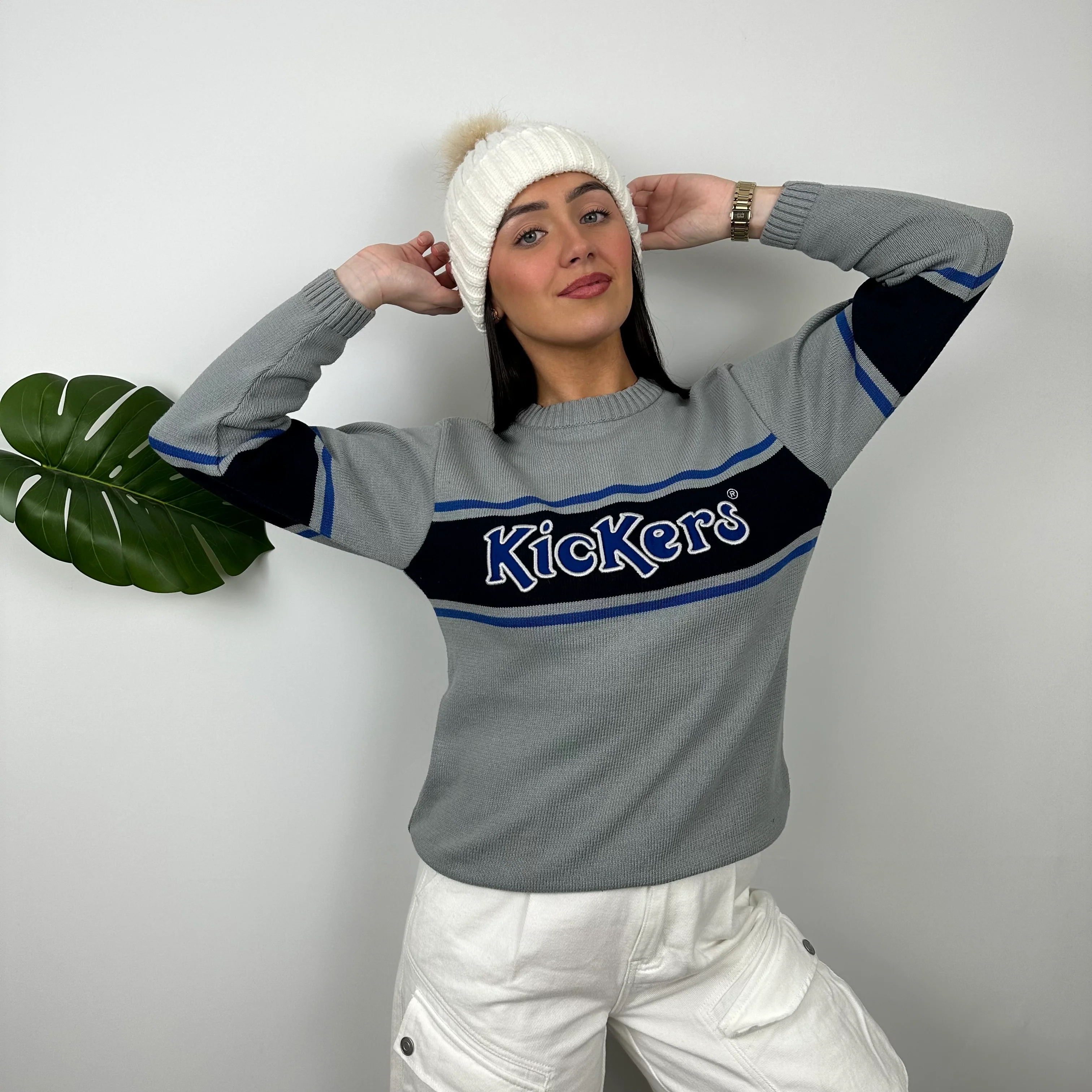 Kickers RARE Grey Embroidered Spell Out Knitted Sweater (S) - Image 4