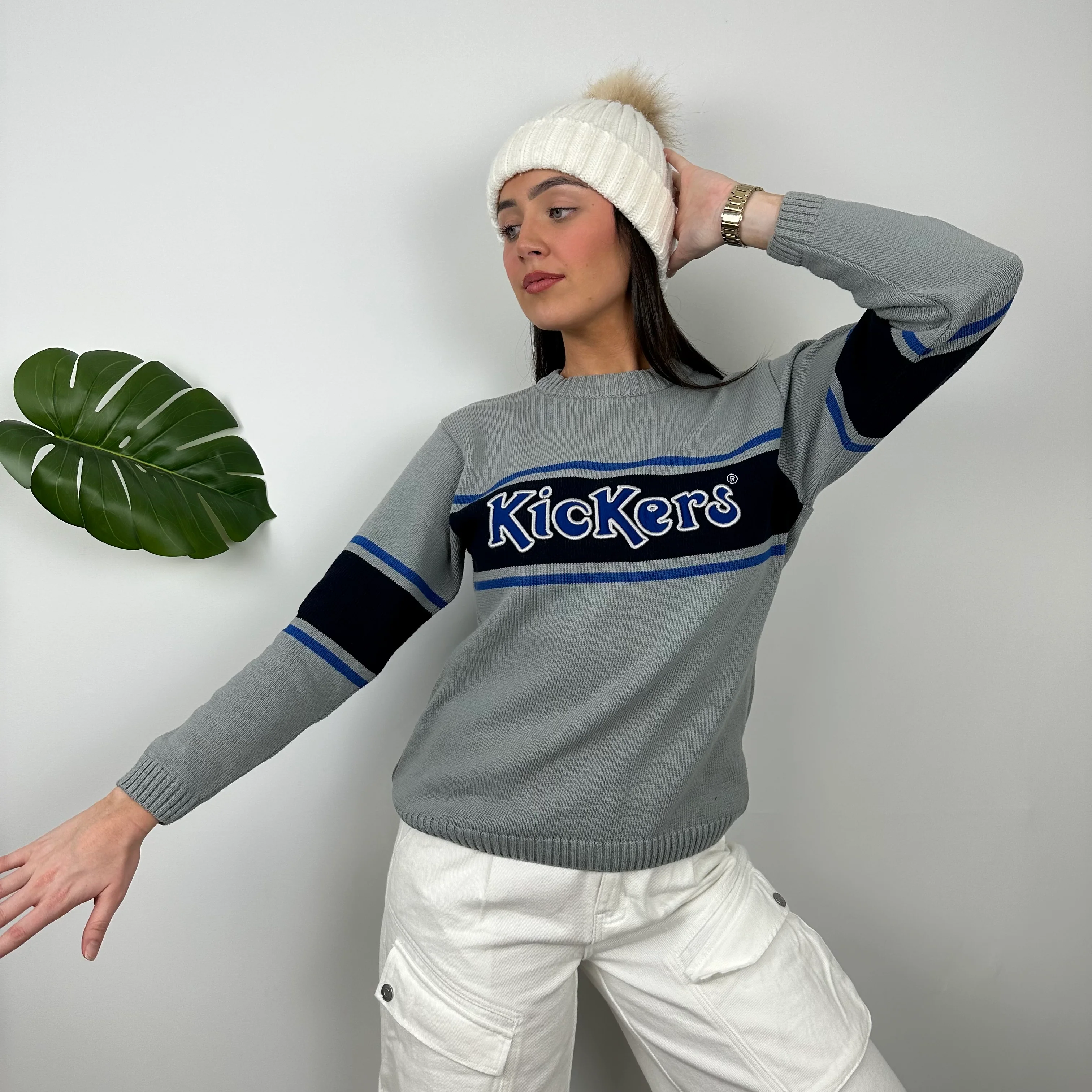 Kickers RARE Grey Embroidered Spell Out Knitted Sweater (S) - Image 6