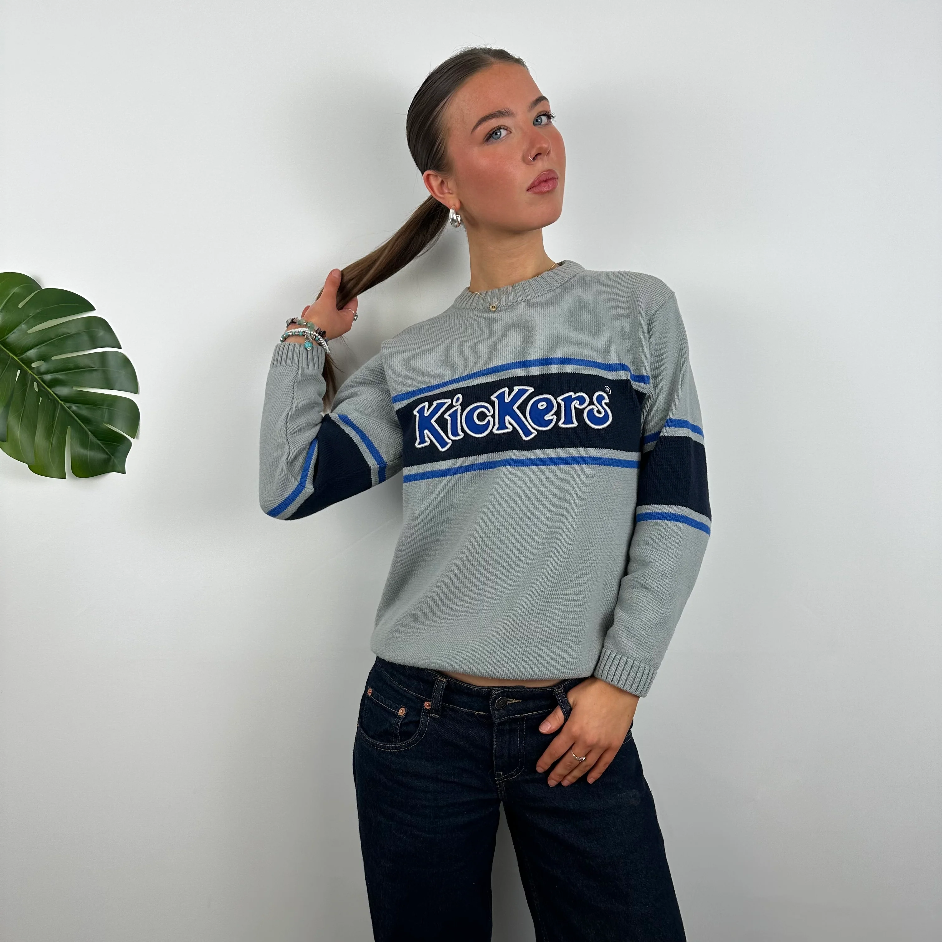 Kickers RARE Grey Embroidered Spell Out Knitted Sweater (S)
