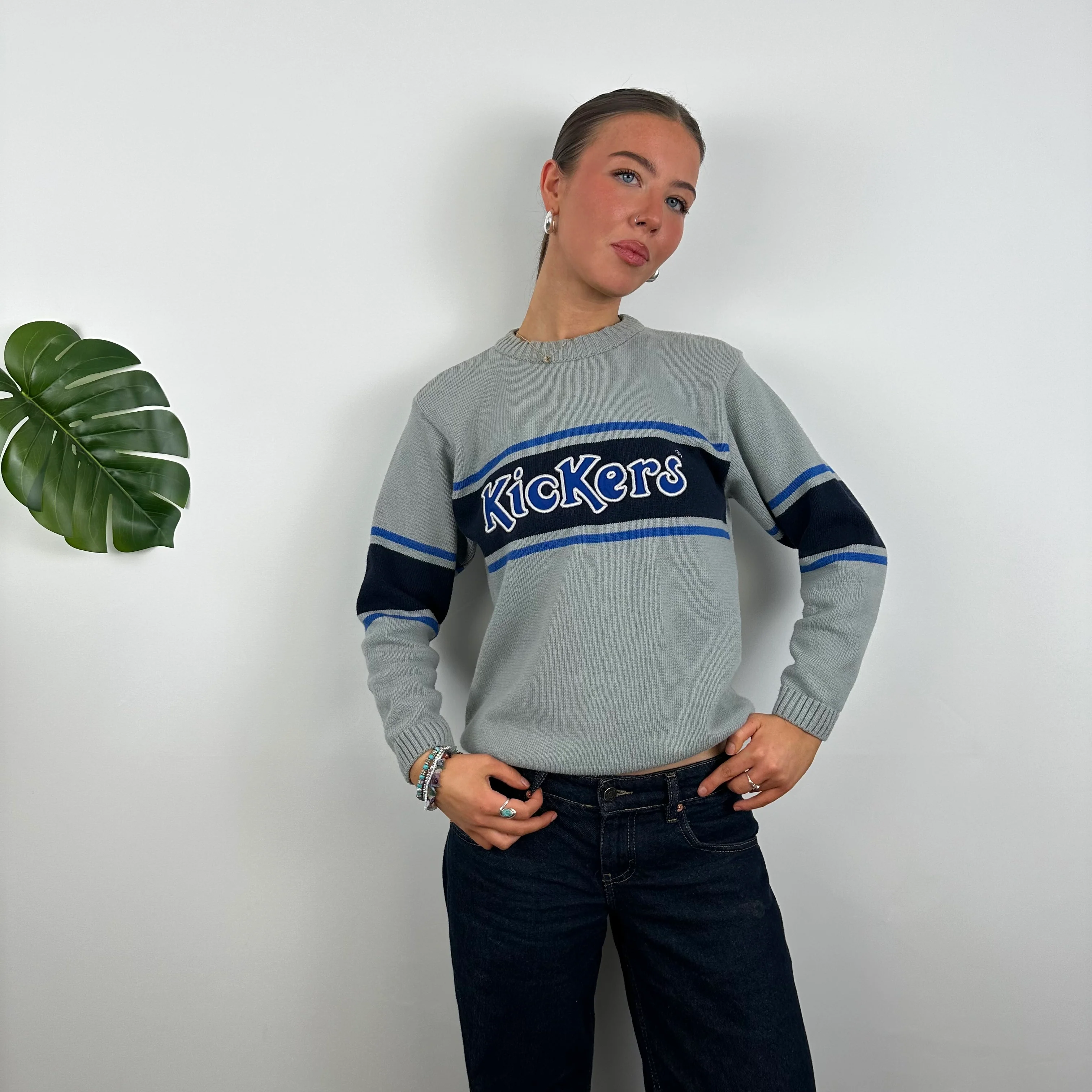 Kickers RARE Grey Embroidered Spell Out Knitted Sweater (S) - Image 2