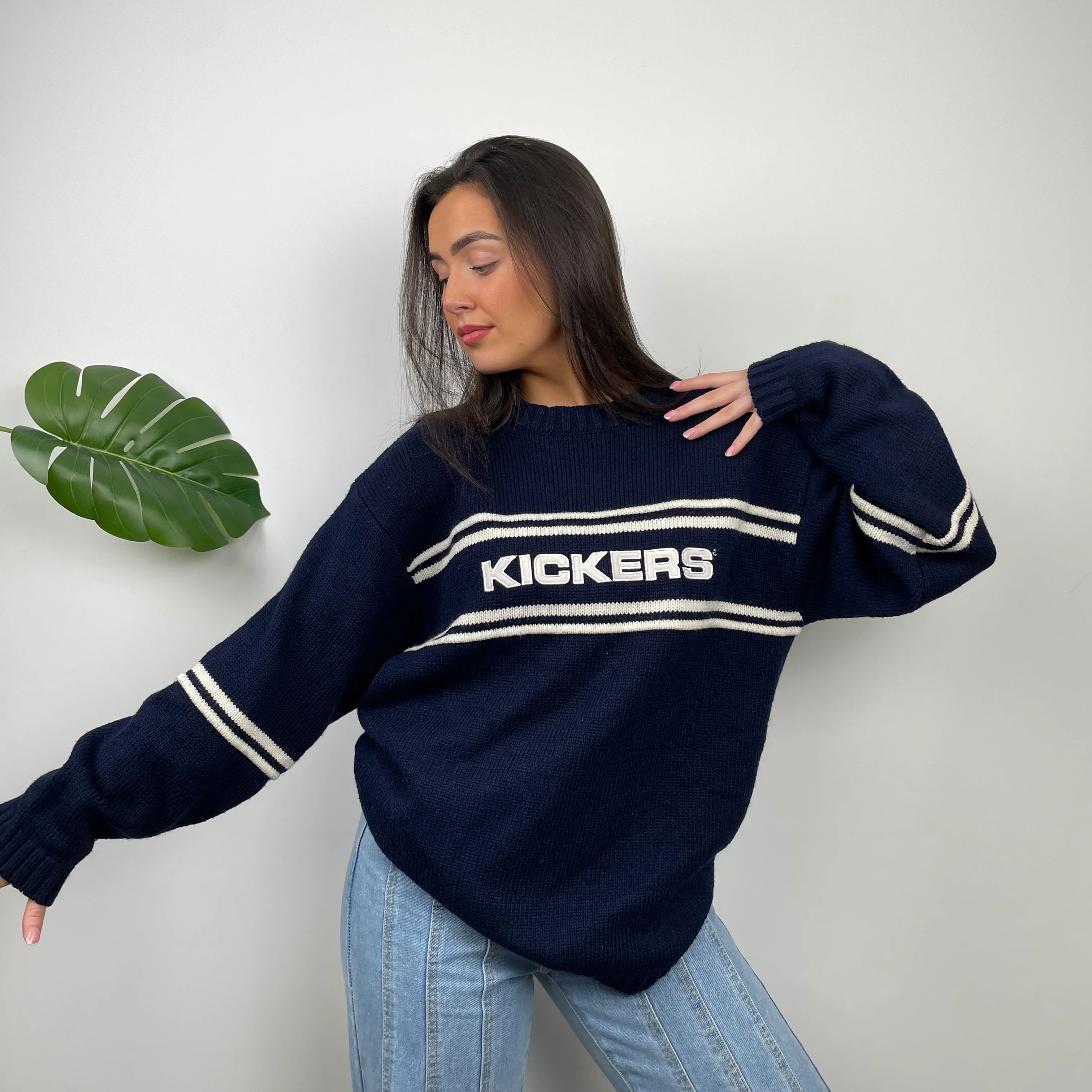 Kickers RARE Navy & Cream Embroidered Spell Out Knitted Sweater (L) - Image 2