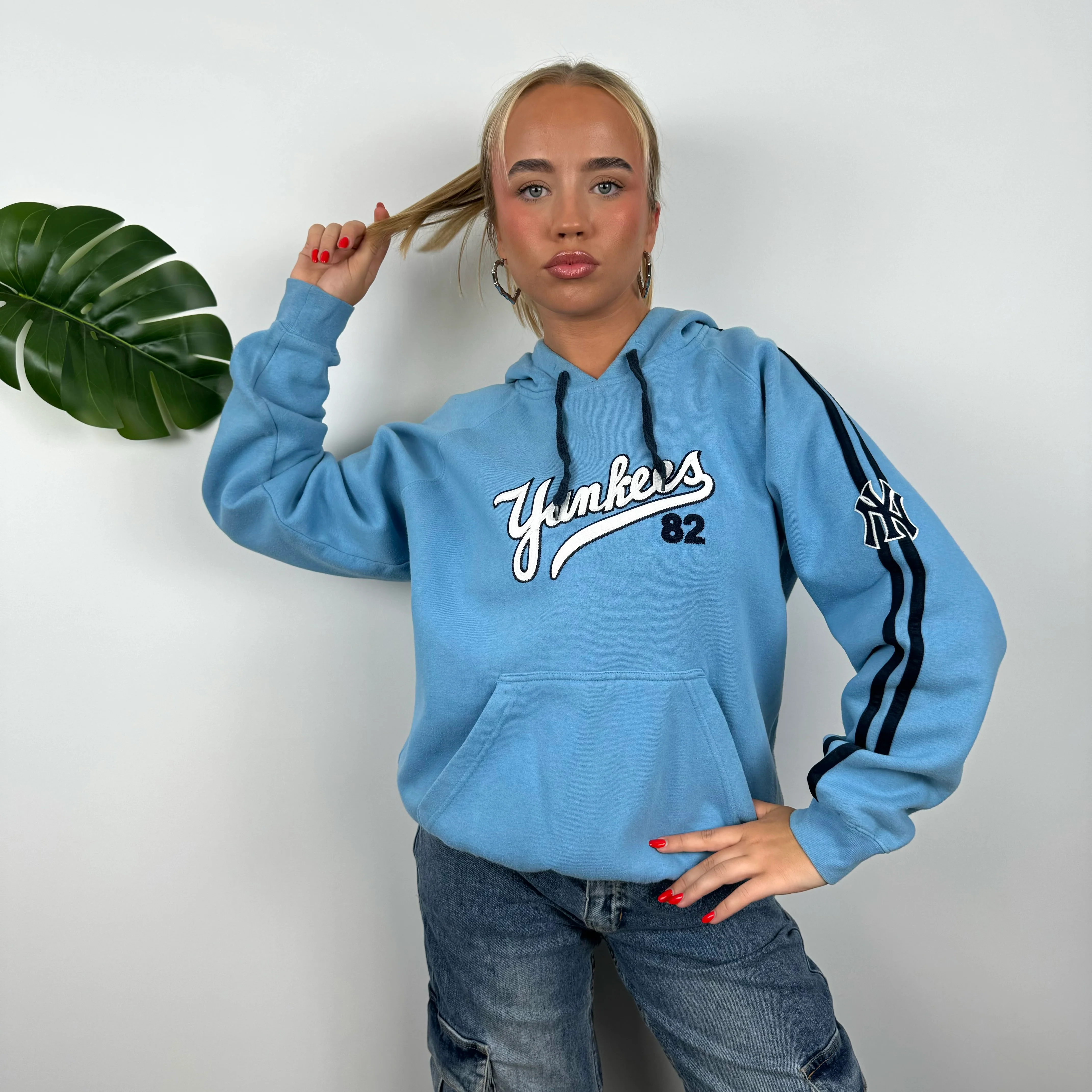 MLB New York Yankees Baby Blue Embroidered Spell Out Hoodie (S) - Image 2