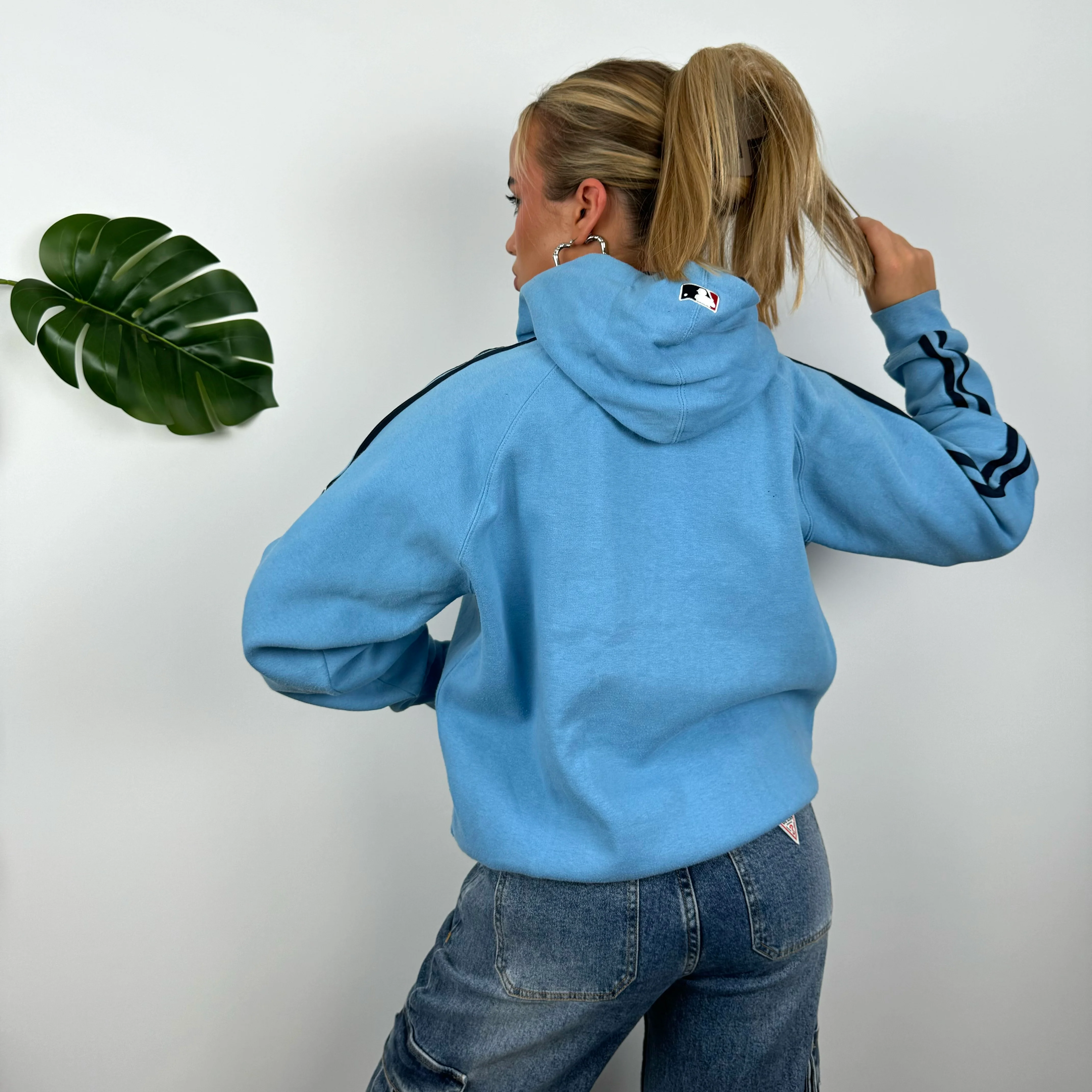 MLB New York Yankees Baby Blue Embroidered Spell Out Hoodie (S) - Image 5
