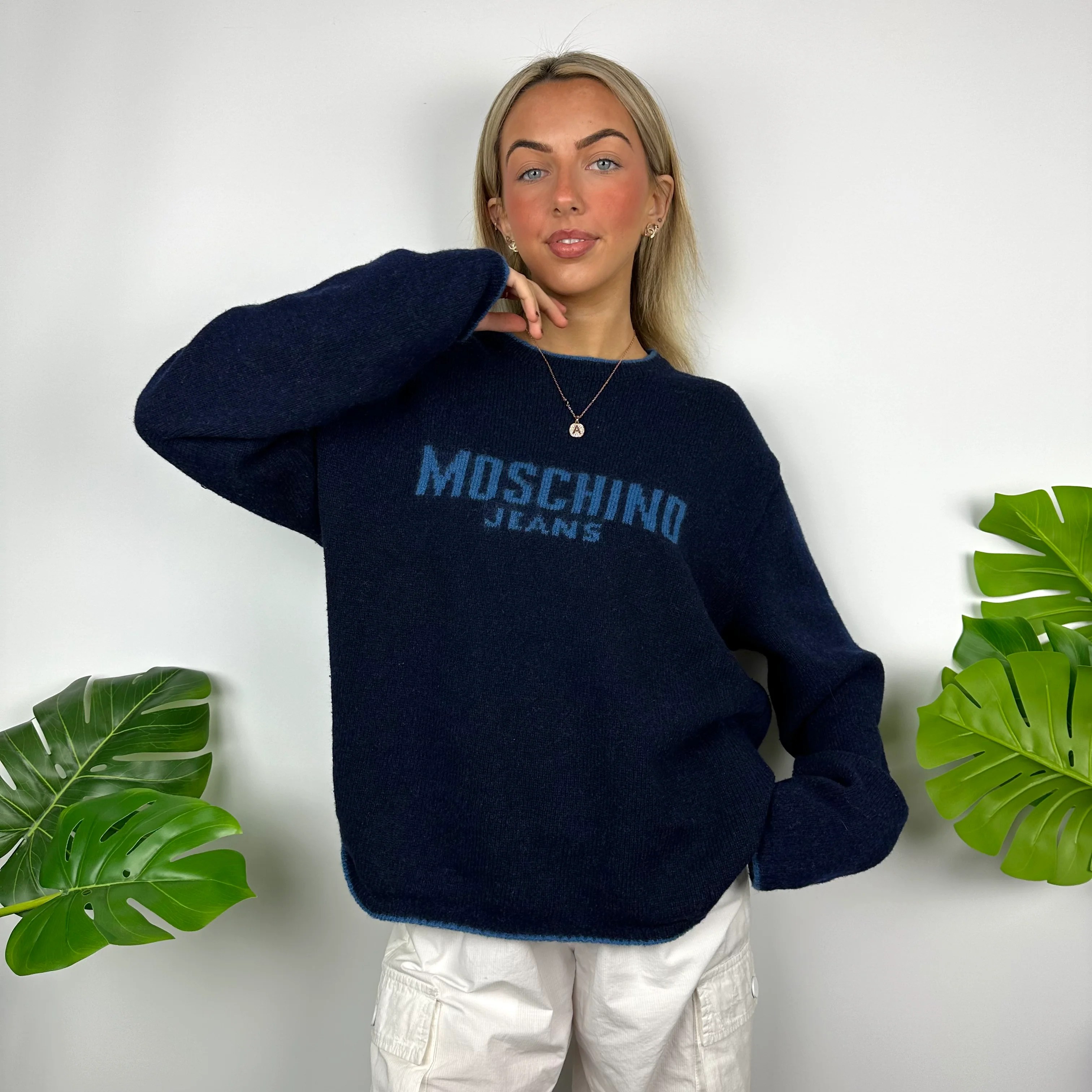 Moschino Jeans Navy Spell Out Knitted Jumper (M) - Image 2