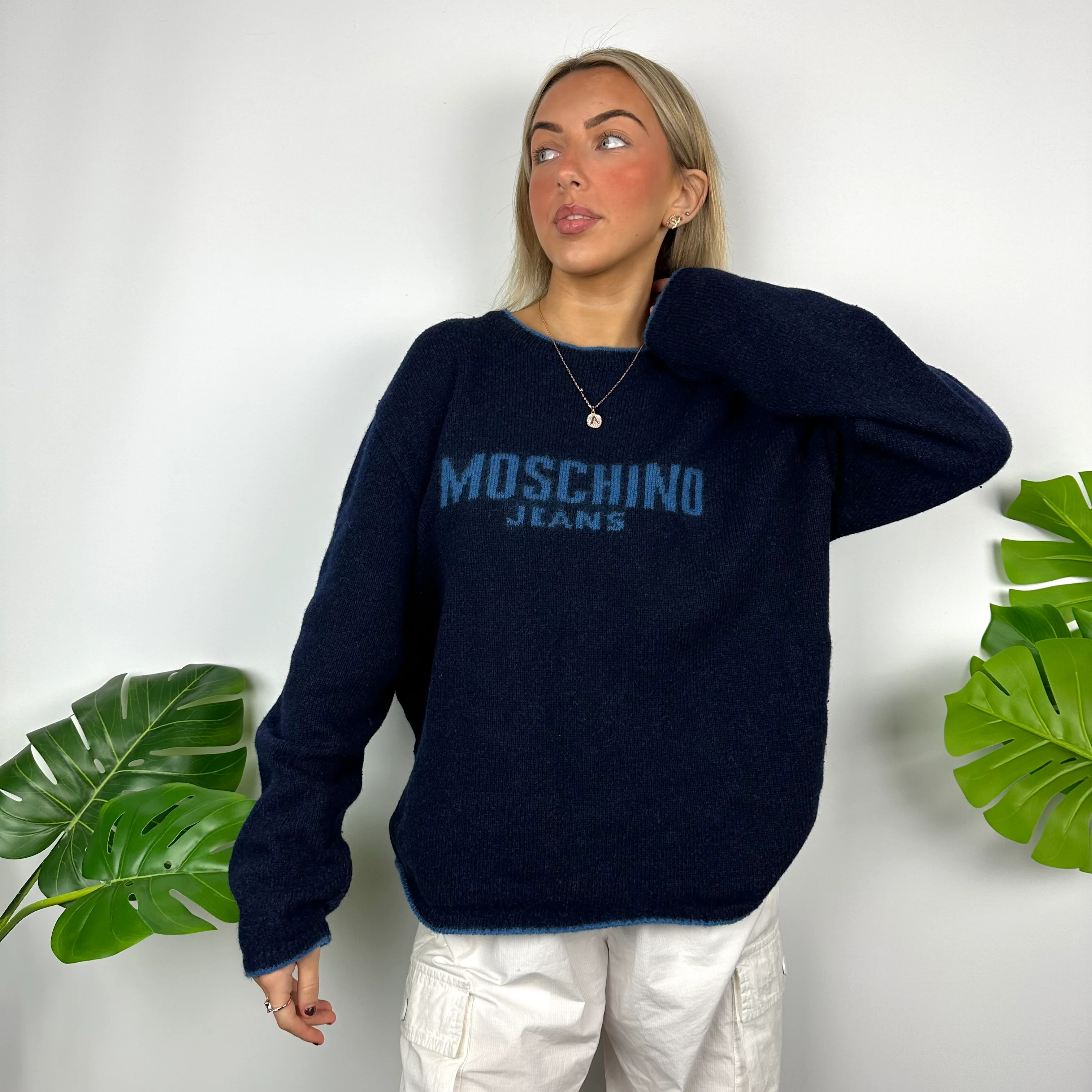 Moschino Jeans Navy Spell Out Knitted Jumper (M) - Image 5