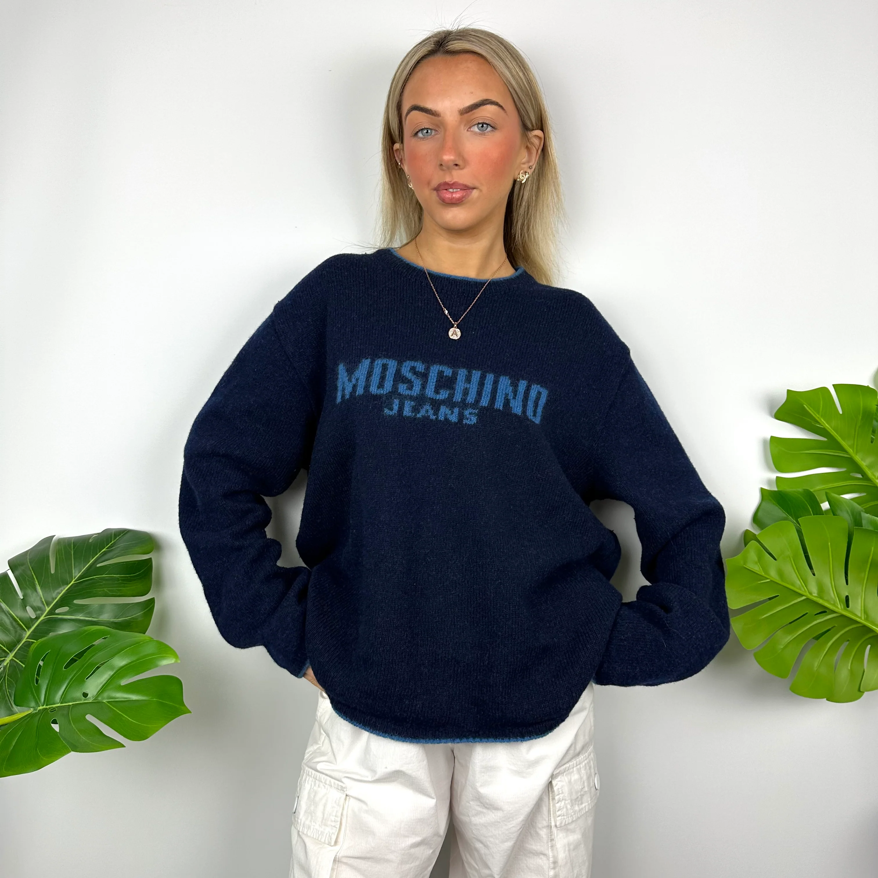 Moschino Jeans Navy Spell Out Knitted Jumper (M) - Image 6