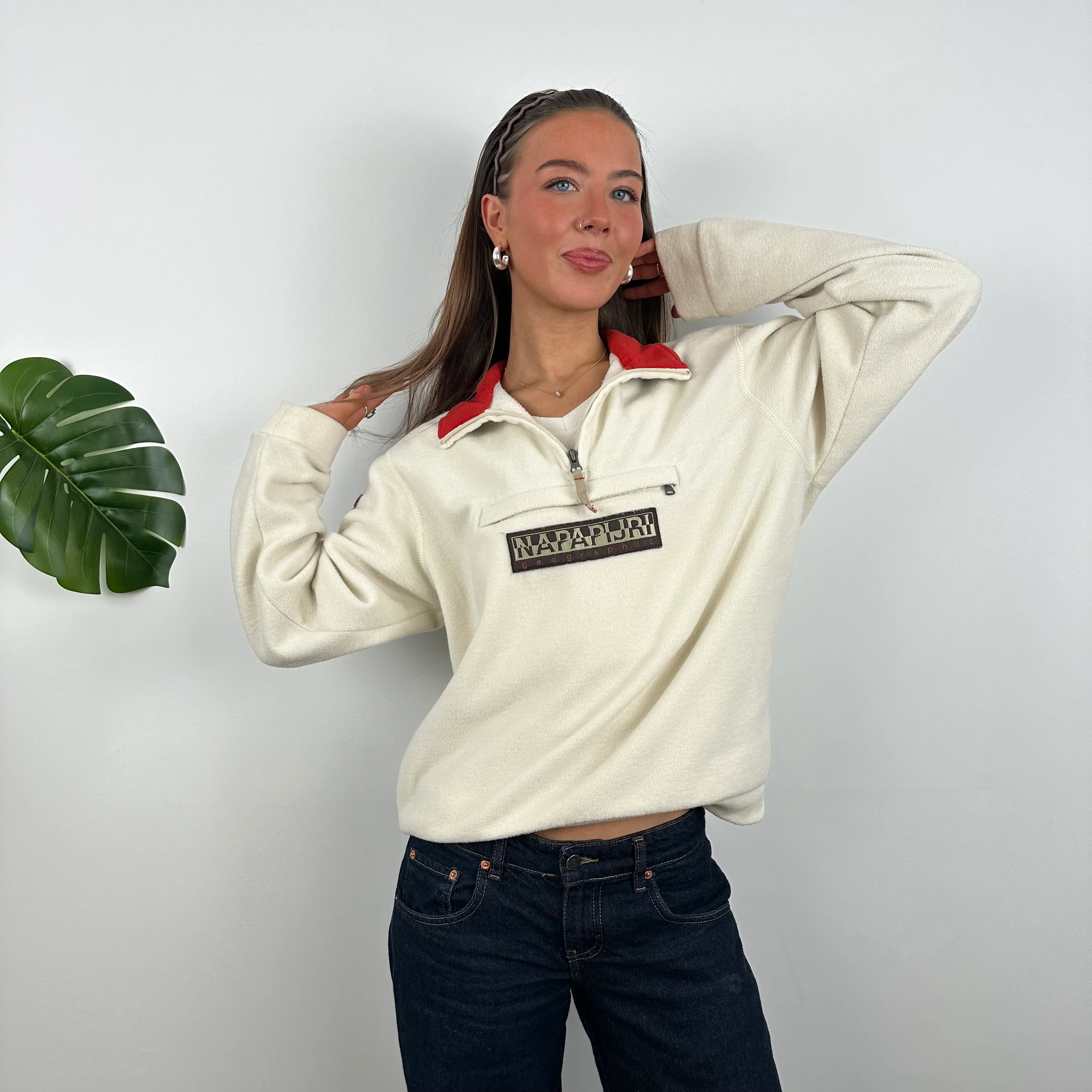 Napapijri Cream Embroidered Spell Out Teddy Bear Fleece Quarter Zip (M) - Image 2