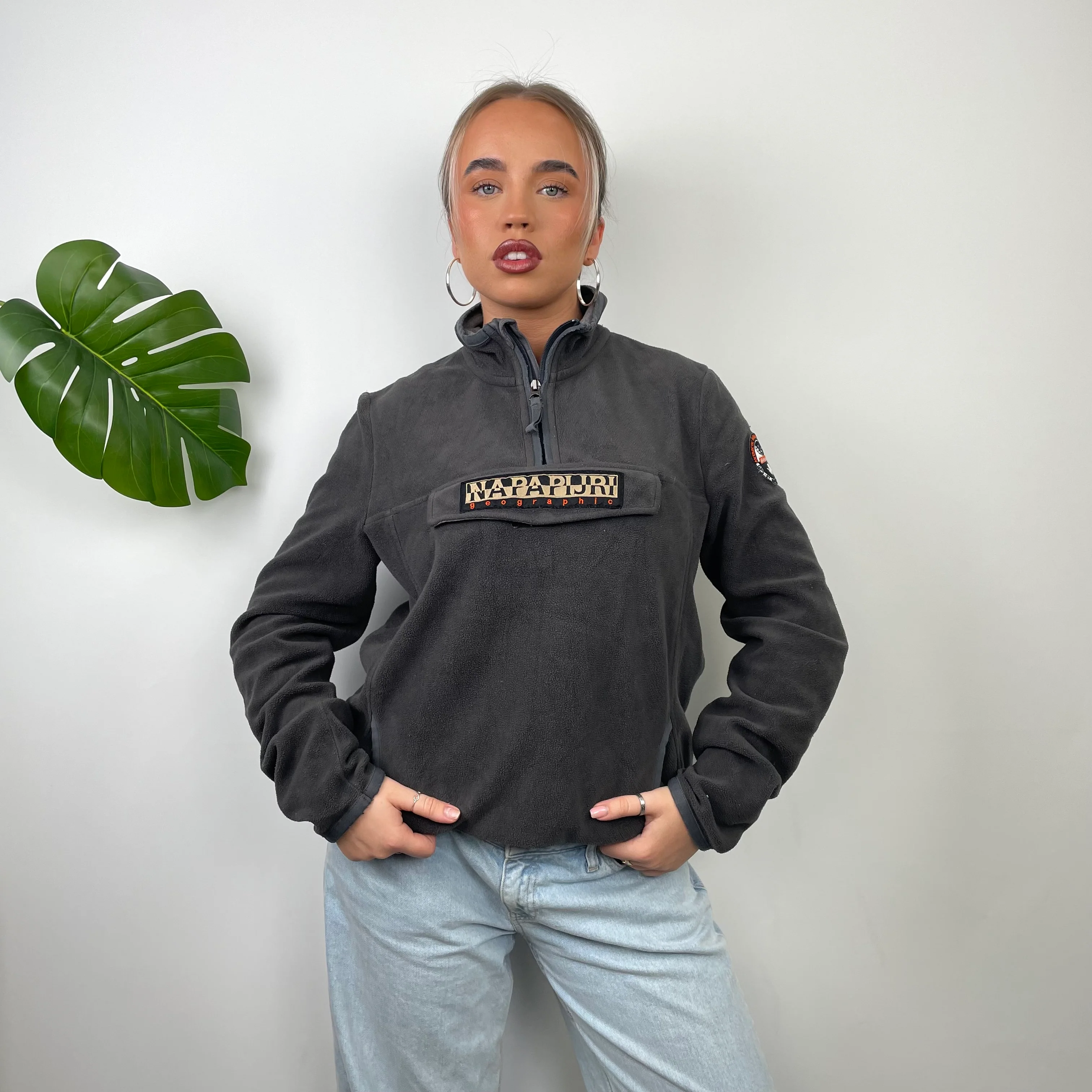 Napapijri RARE Grey Embroidered Spell Out Teddy Bear Fleece Quarter Zip Sweatshirt (M)