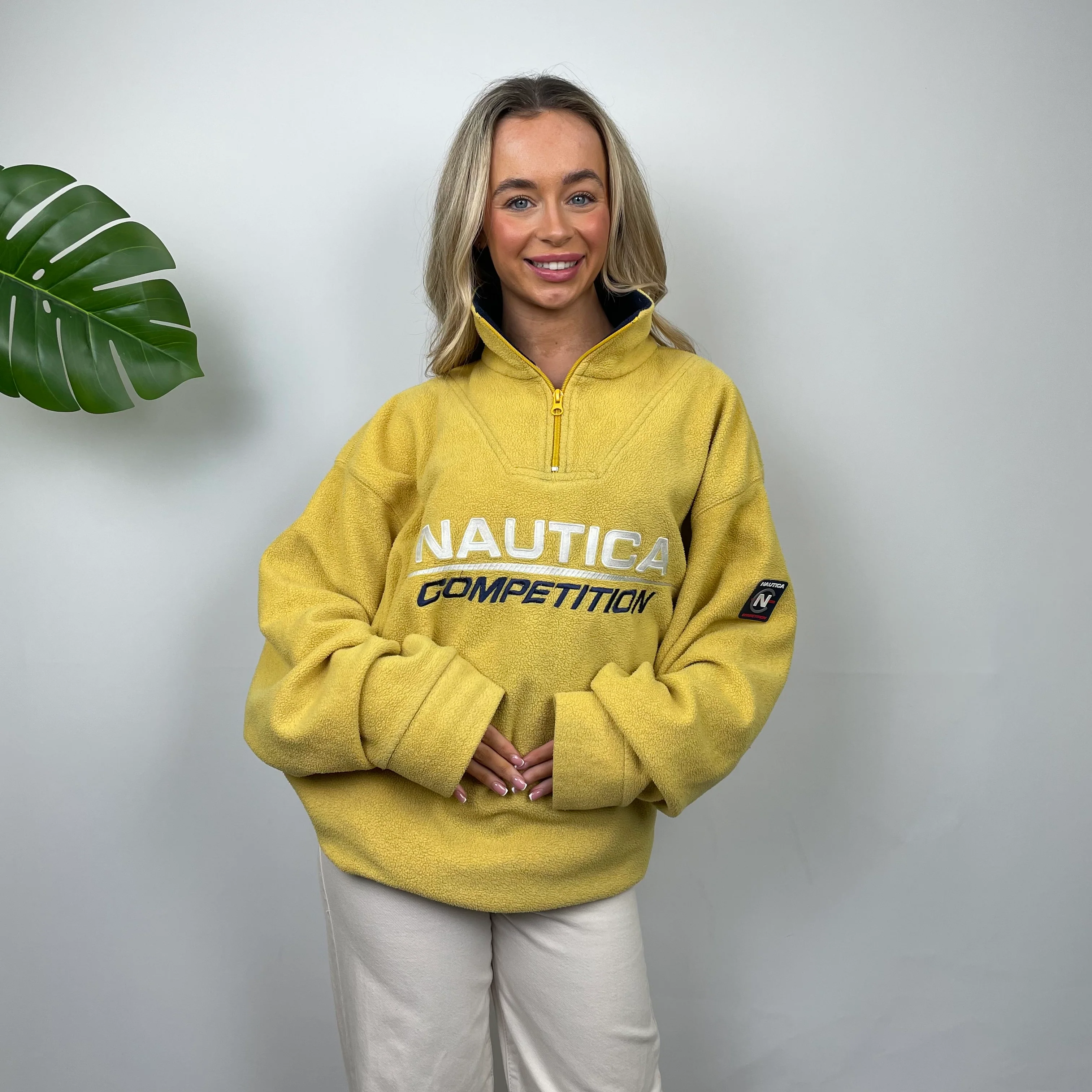 Nautica Yellow Embroidered Spell Out Teddy Bear Fleece Quarter Zip Sweatshirt (XL) - Image 3