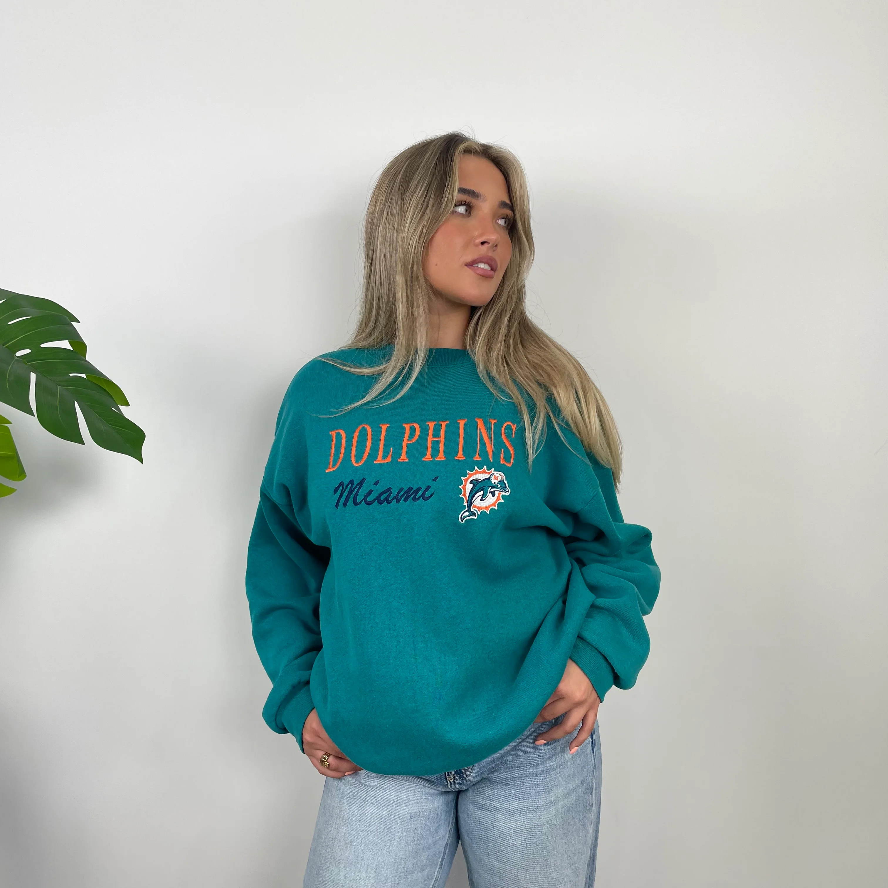 NFL Miami Dolphins Turquoise Embroidered Spell Out Sweatshirt (L) - Image 4