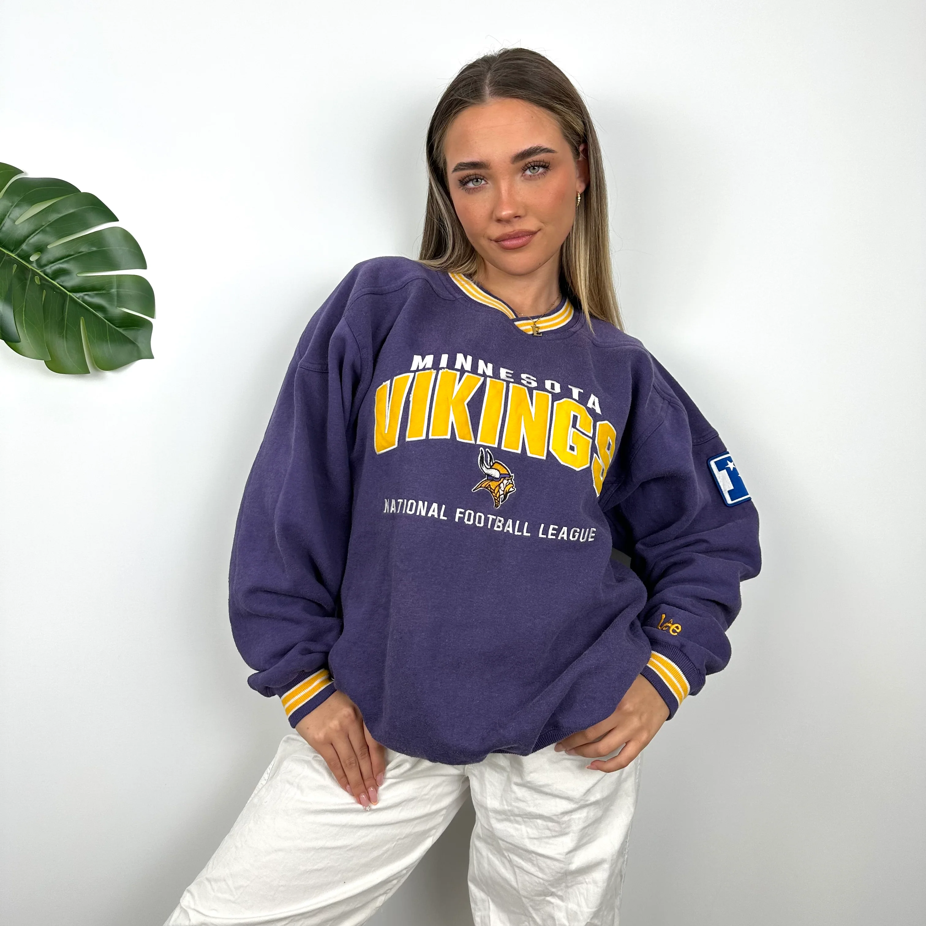 NFL Minnesota Vikings Purple Embroidered Spell Out Sweatshirt (L) - Image 6