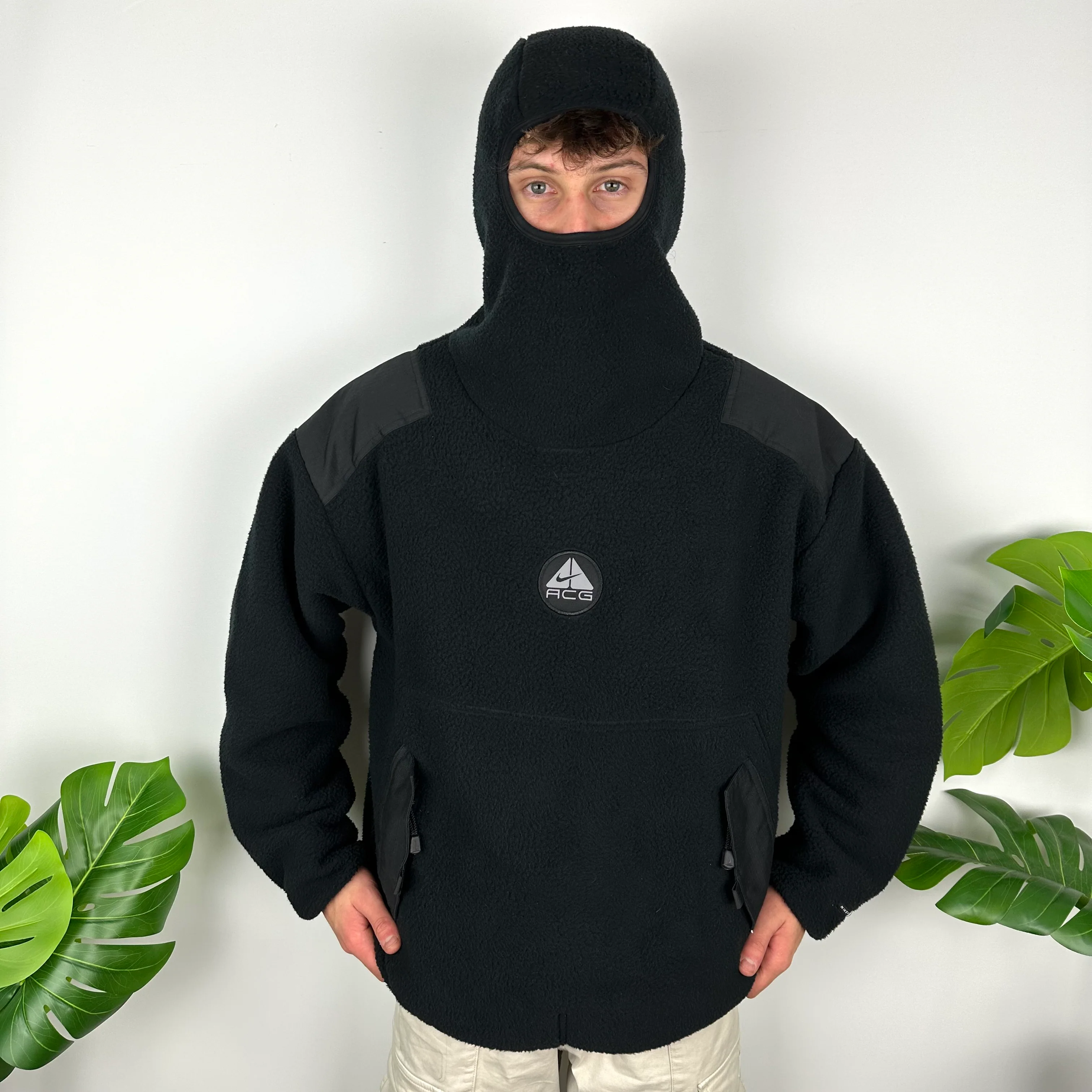 Nike ACG Black Embroidered Spell Out Balaclava Teddy Bear Fleece Hoodie (L)