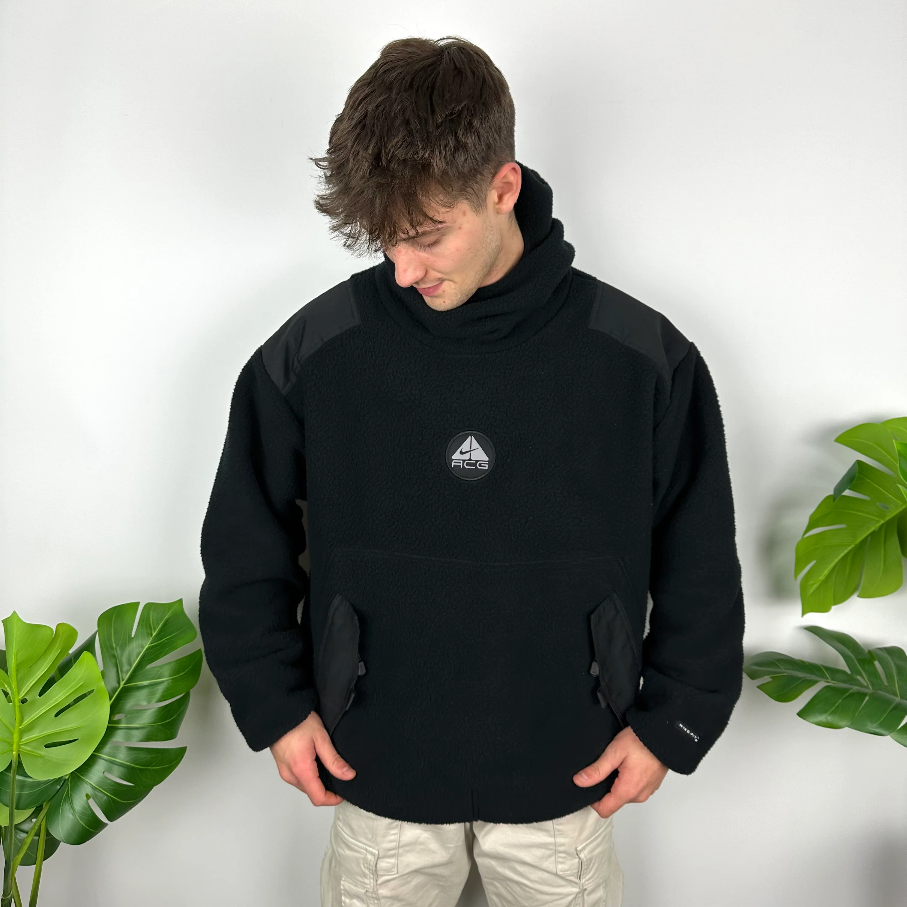 Nike ACG Black Embroidered Spell Out Balaclava Teddy Bear Fleece Hoodie (L) - Image 2