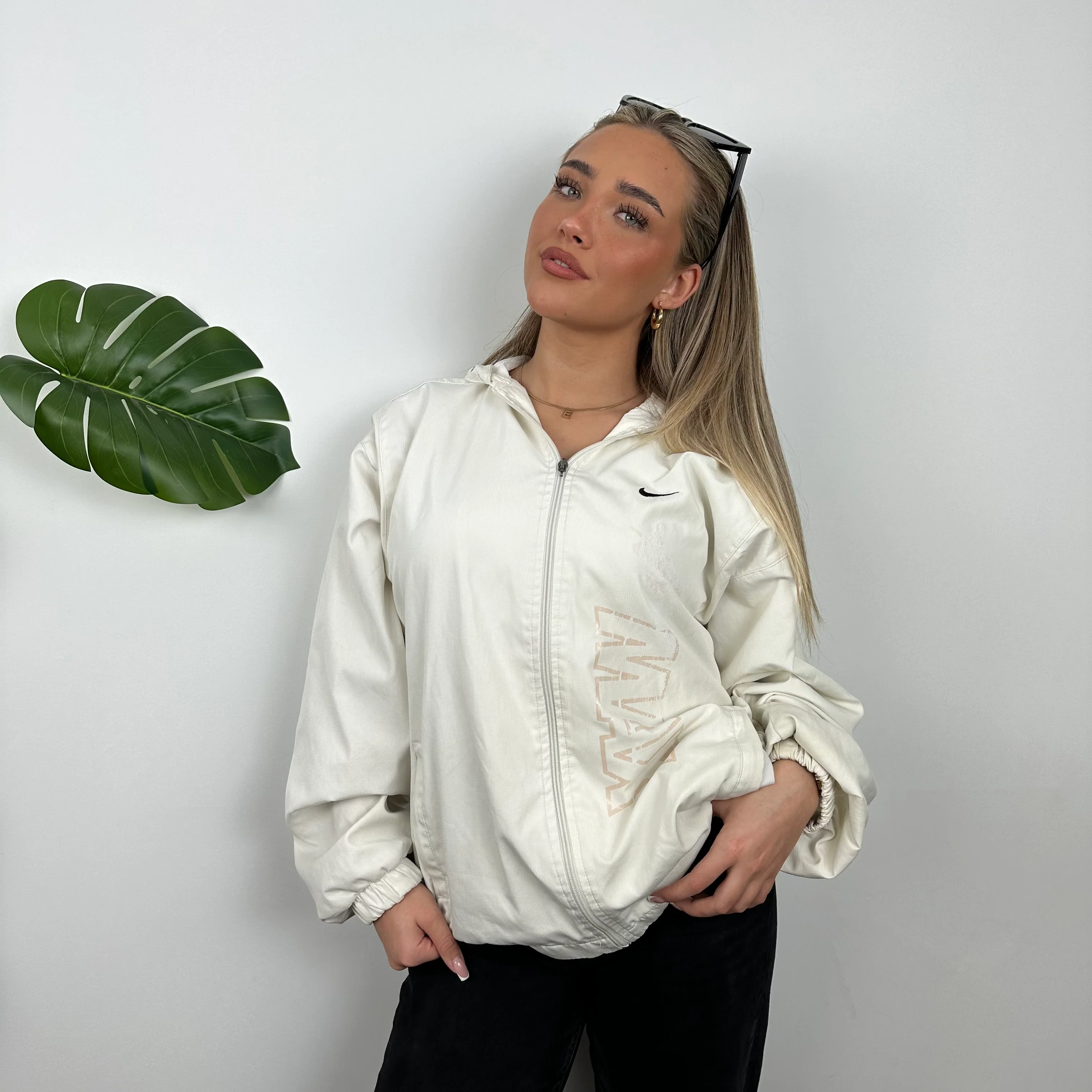 Nike Air Max White Embroidered Swoosh Zip Up Windbreaker Jacket (L) - Image 2