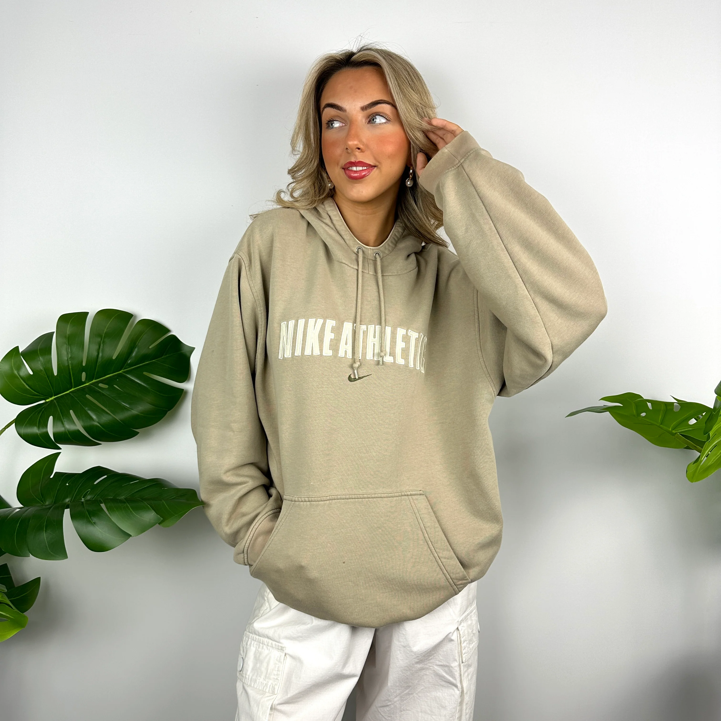 Nike Athletic Beige Embroidered Spell Out Hoodie (L) - Image 3