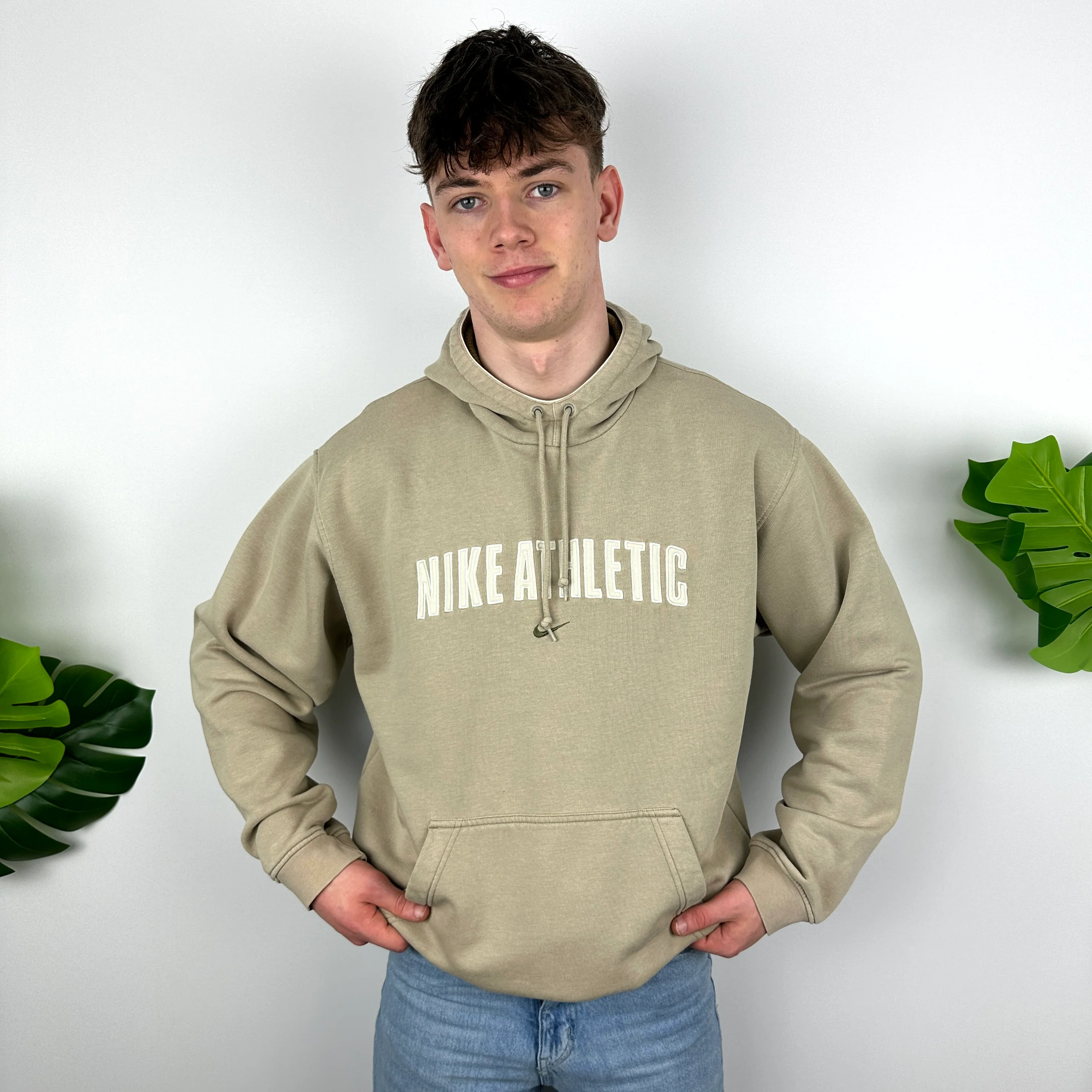 Nike Athletic Beige Embroidered Spell Out Hoodie (L) - Image 3