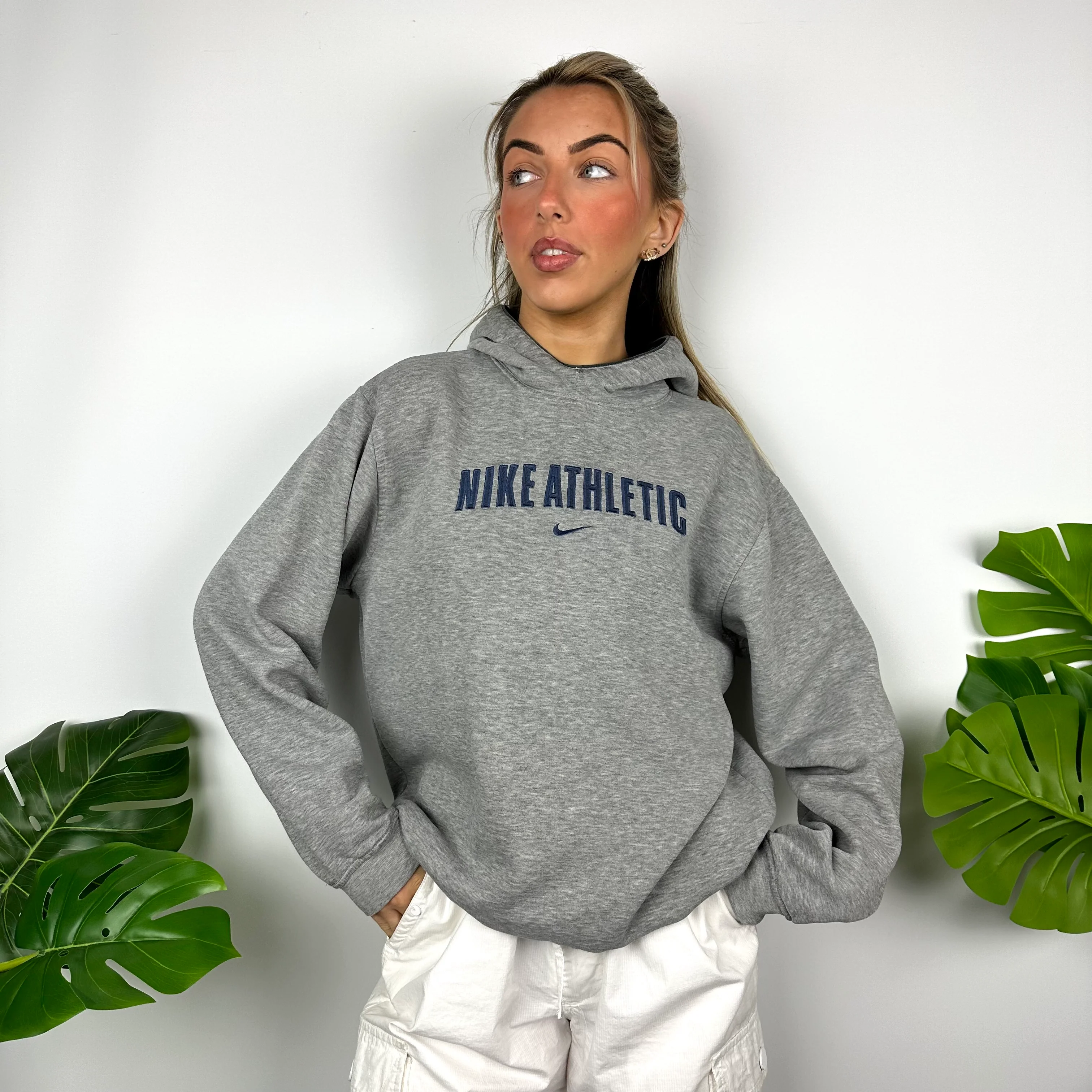 Nike Athletic Grey Embroidered Spell Out Hoodie (M) - Image 7