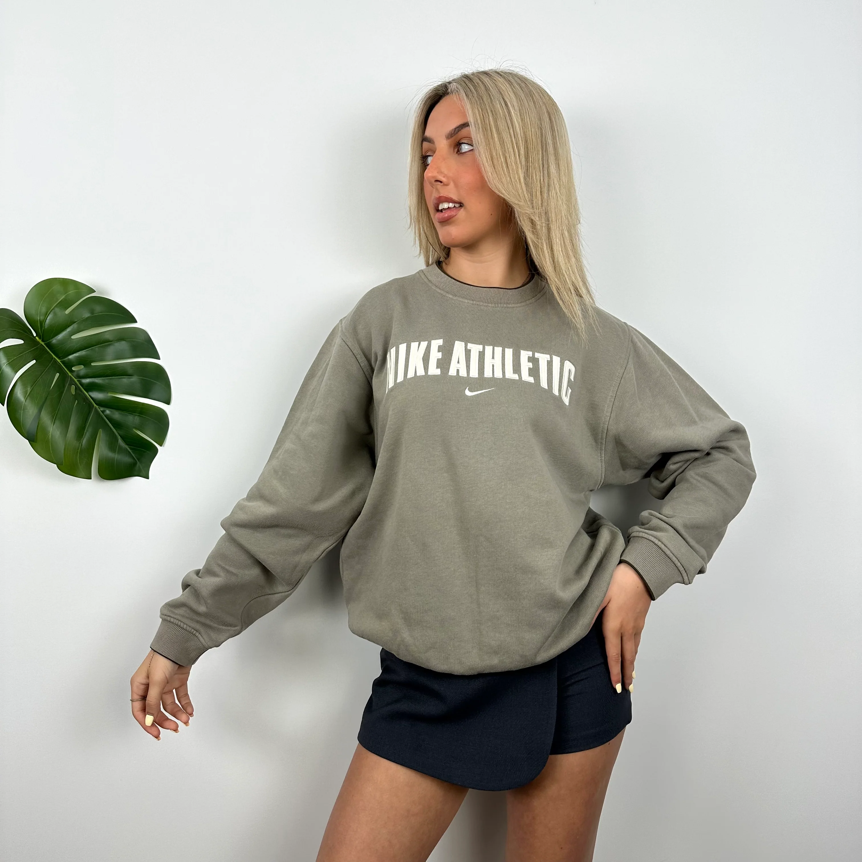 Nike Athletic Khaki Embroidered Spell Out Sweatshirt (S) - Image 3