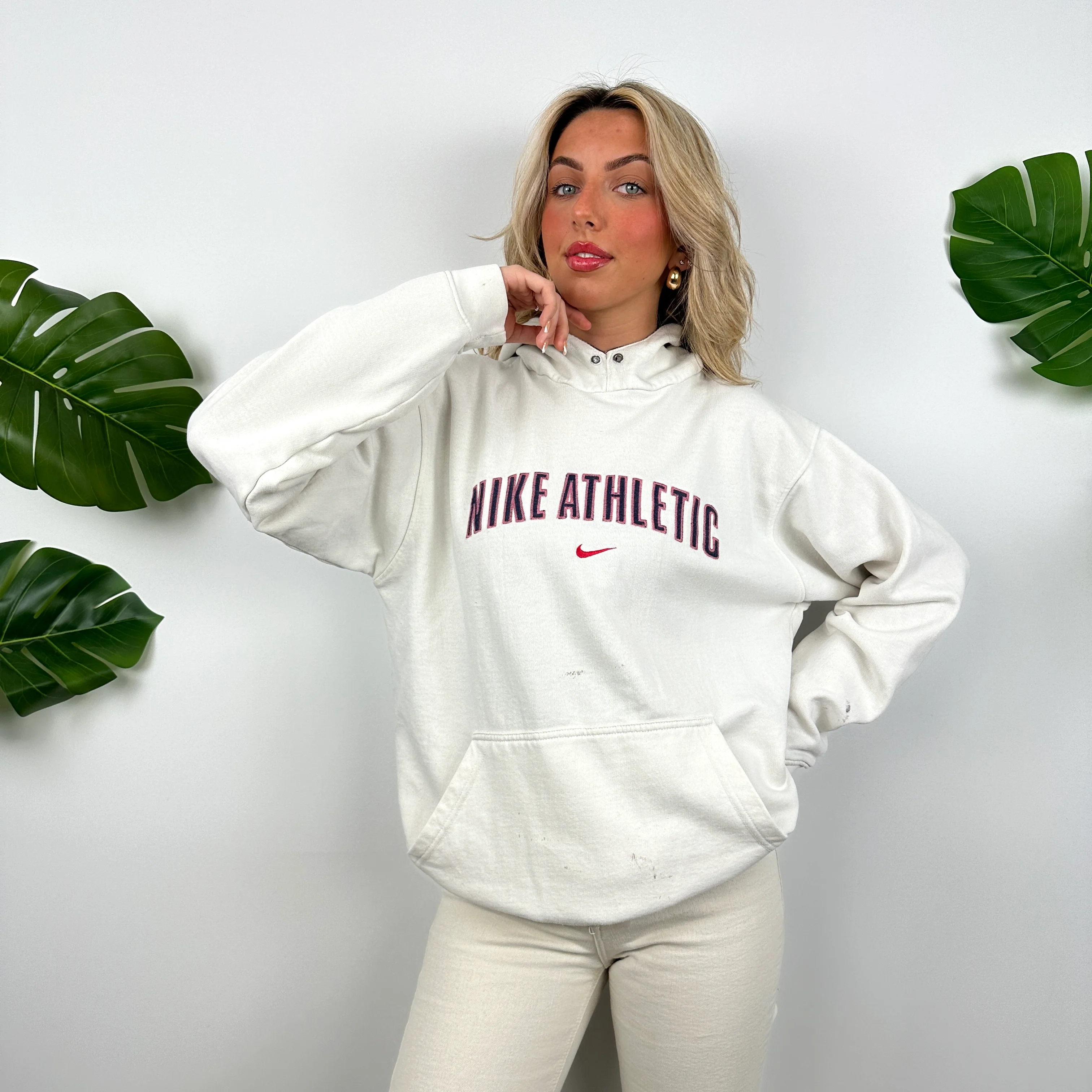Nike Athletic White Embroidered Spell Out Hoodie (M) - Image 2
