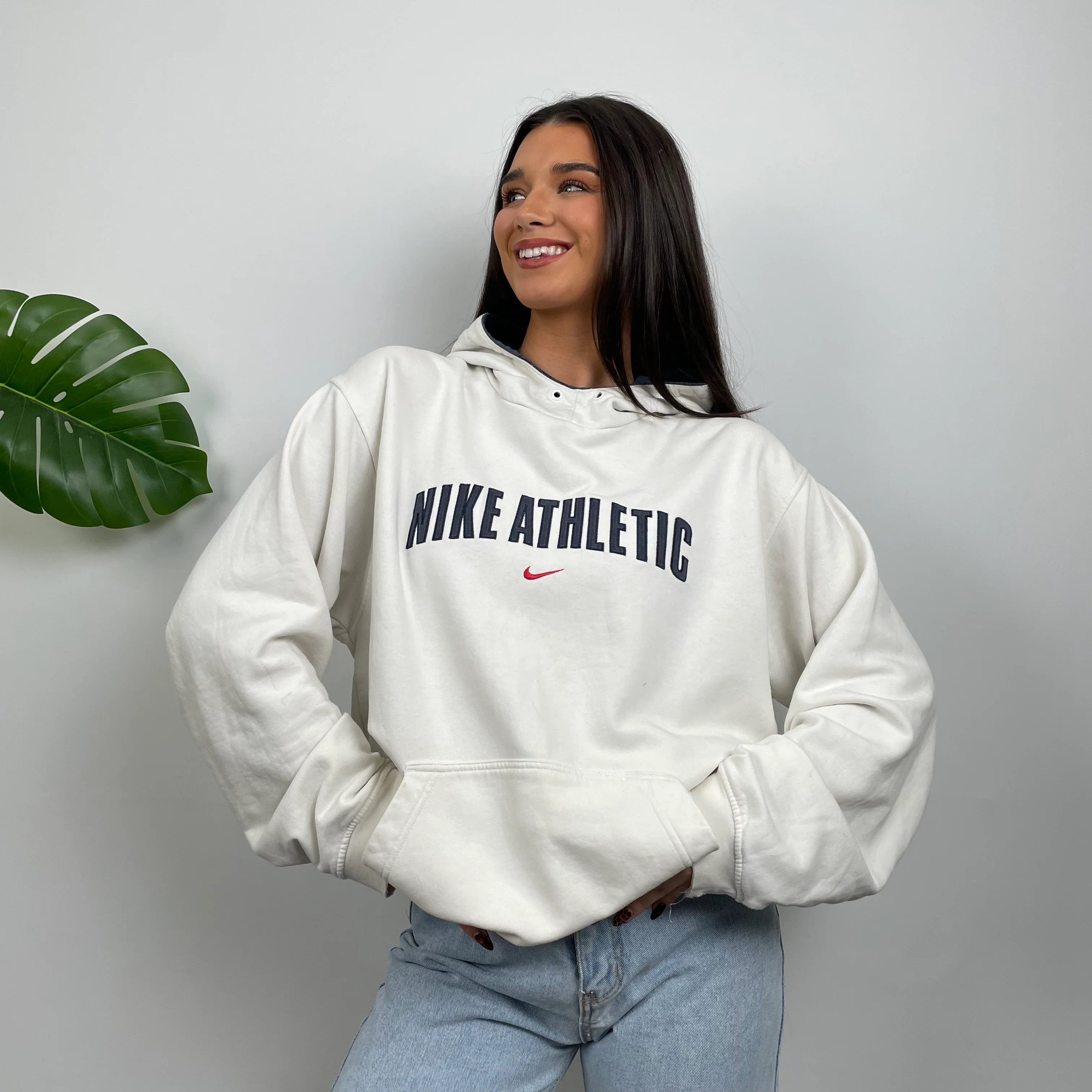 Nike Athletic White Embroidered Spell Out Hoodie (L) - Image 2